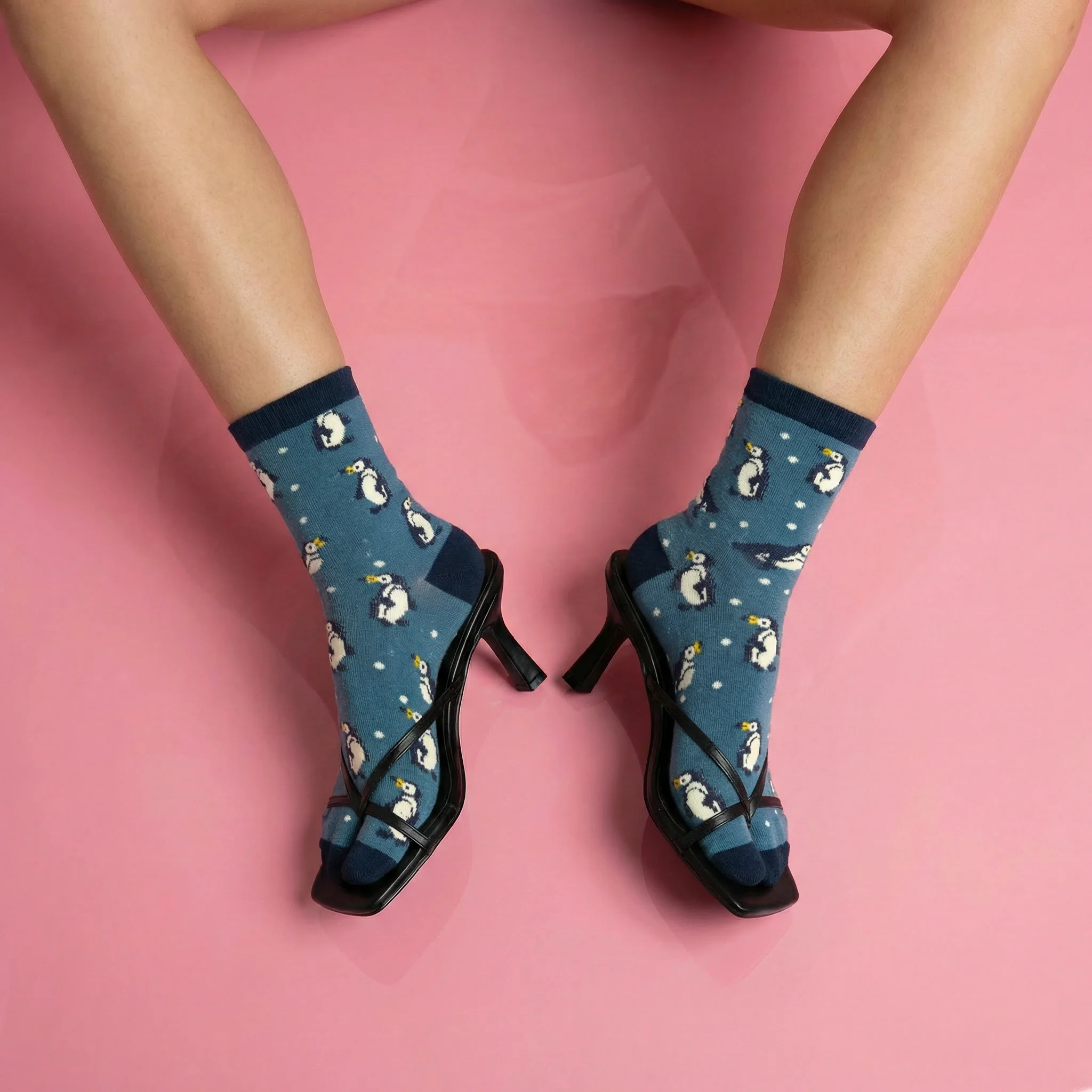 Penguin Split Toe Tabi Socks in Blue | Big Toe Flip Flop Cute Penguin Novelty Crew Socks - Image 12