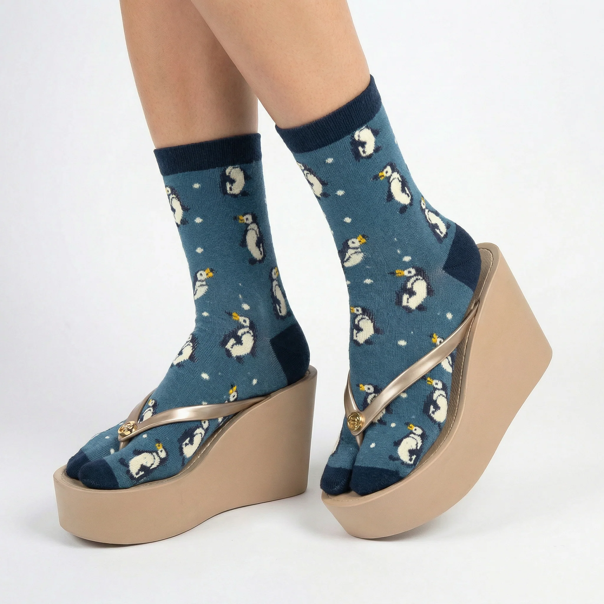 Penguin Split Toe Tabi Socks in Blue | Big Toe Flip Flop Cute Penguin Novelty Crew Socks - Image 7