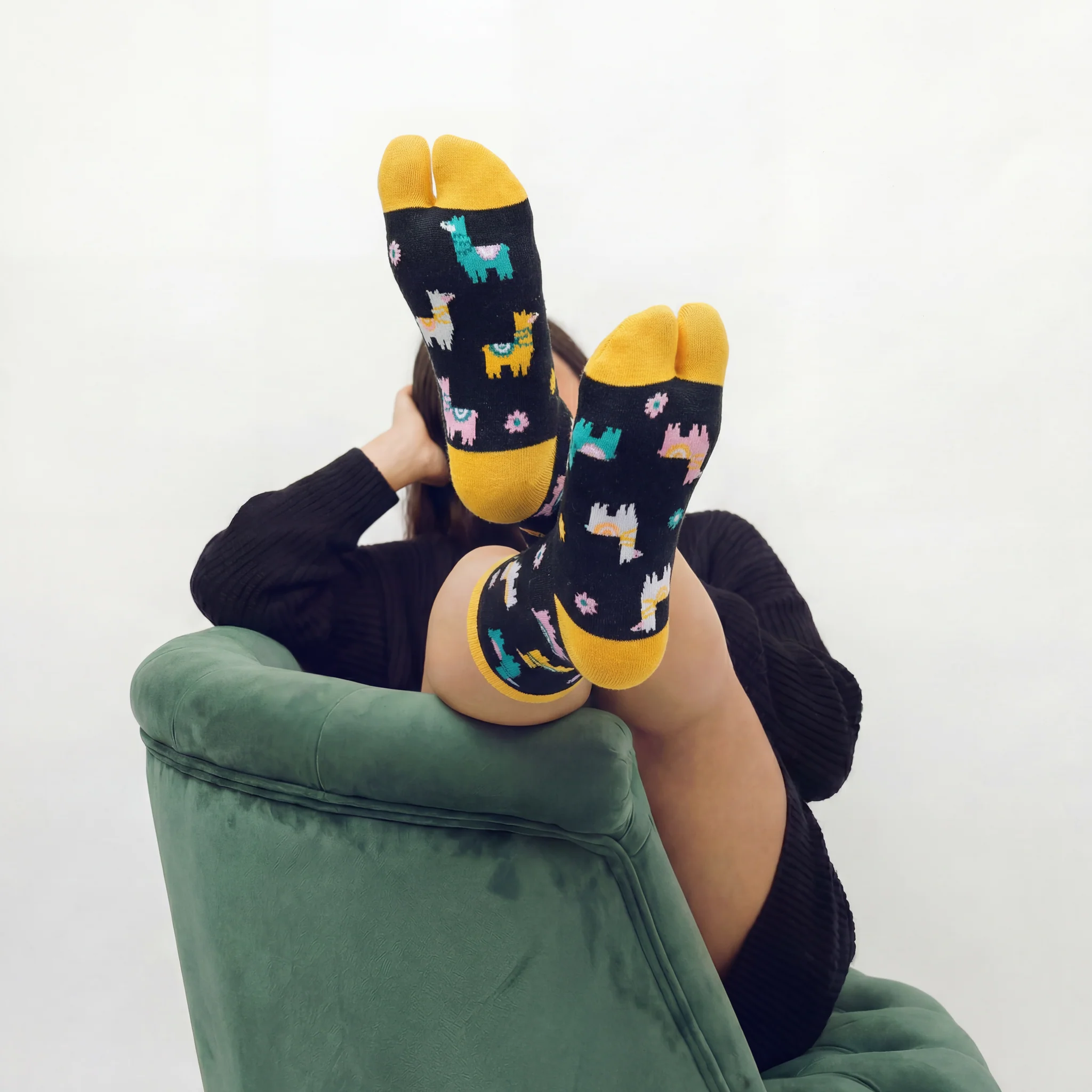 Llama Split Toe Tabi Socks in Black | Big Toe Flip Flop Socks | Colorful Llama Alpaca Novelty Crew Socks - Image 3