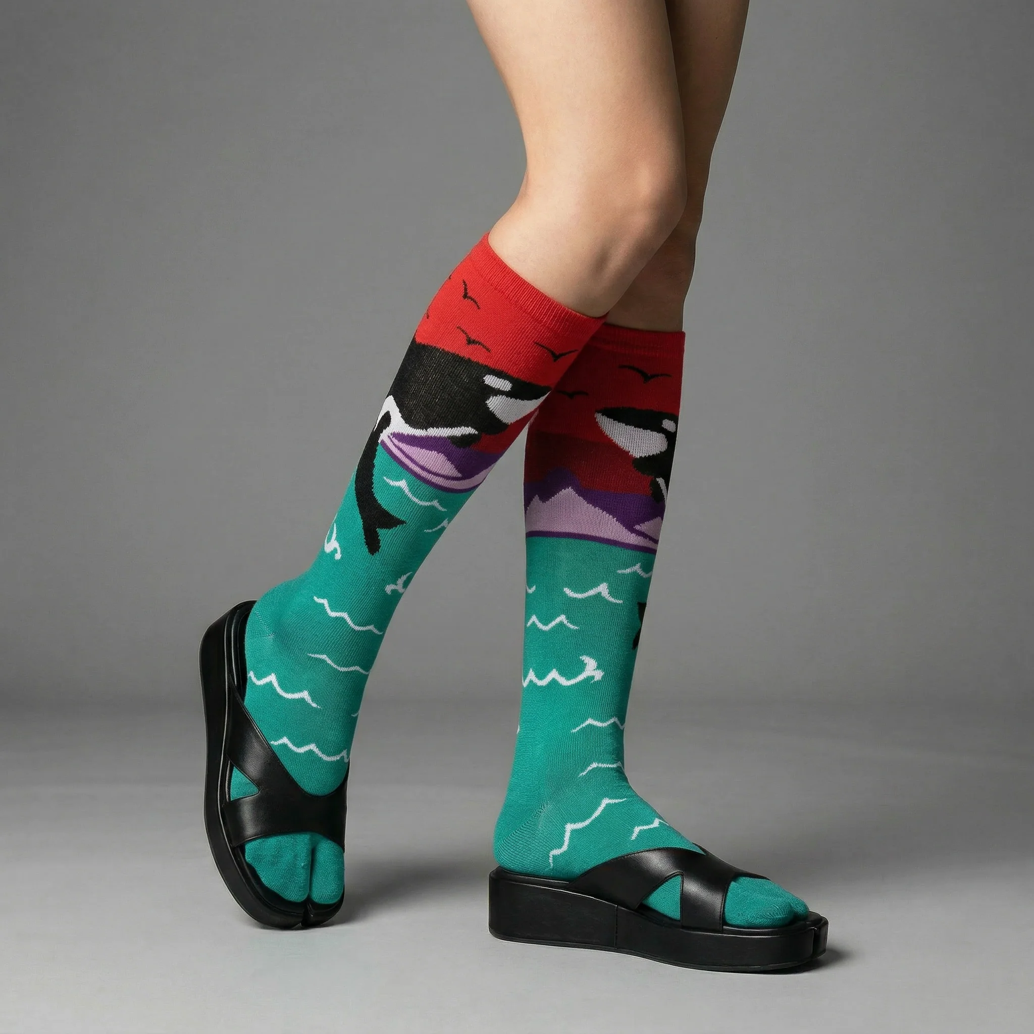 Orca Whale Split Toe Tabi Socks | Over the Calf Big Toe Flip Flop Socks | Ocean Sunset Novelty Socks - Image 12