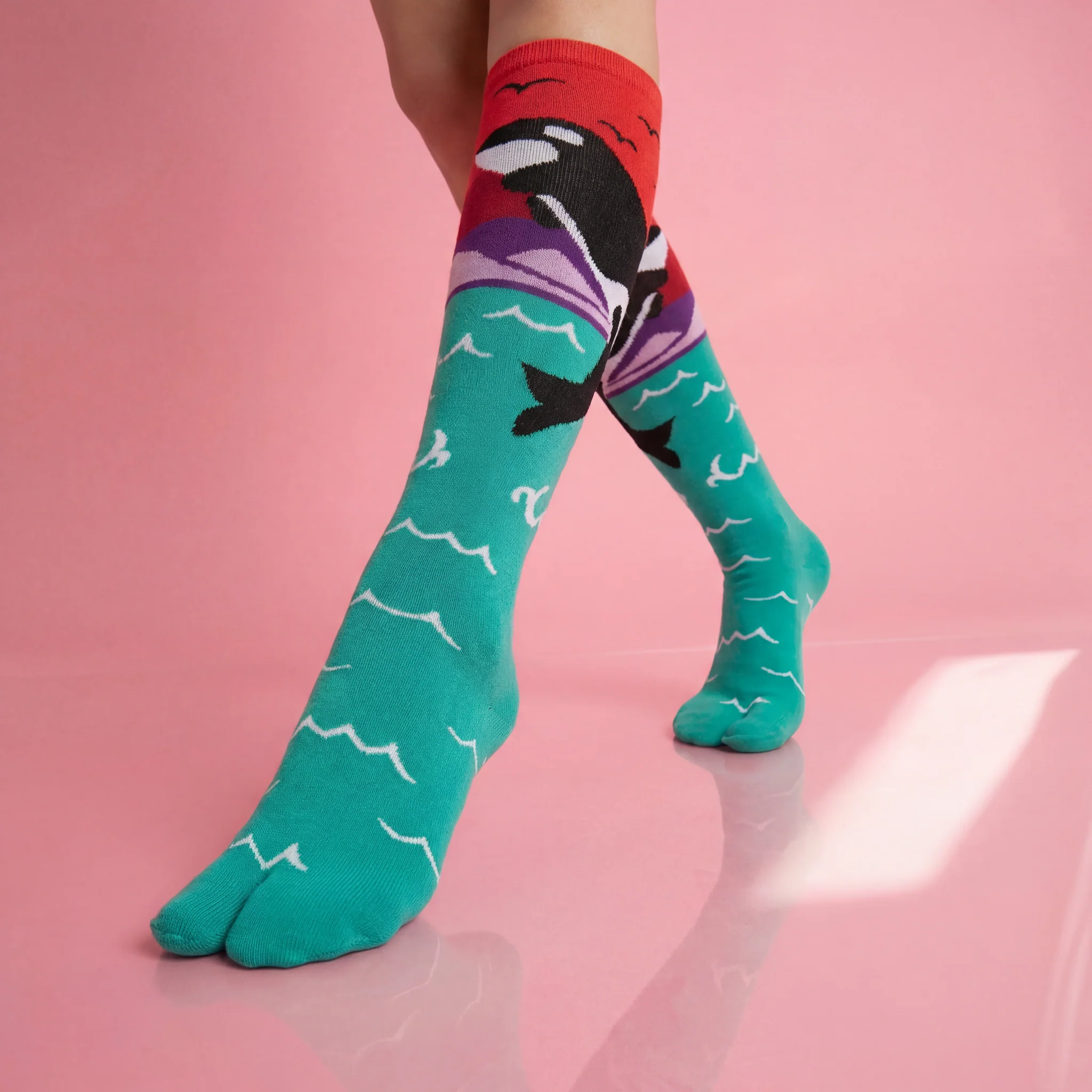 Orca Whale Split Toe Tabi Socks | Over the Calf Big Toe Flip Flop Socks | Ocean Sunset Novelty Socks - Image 13