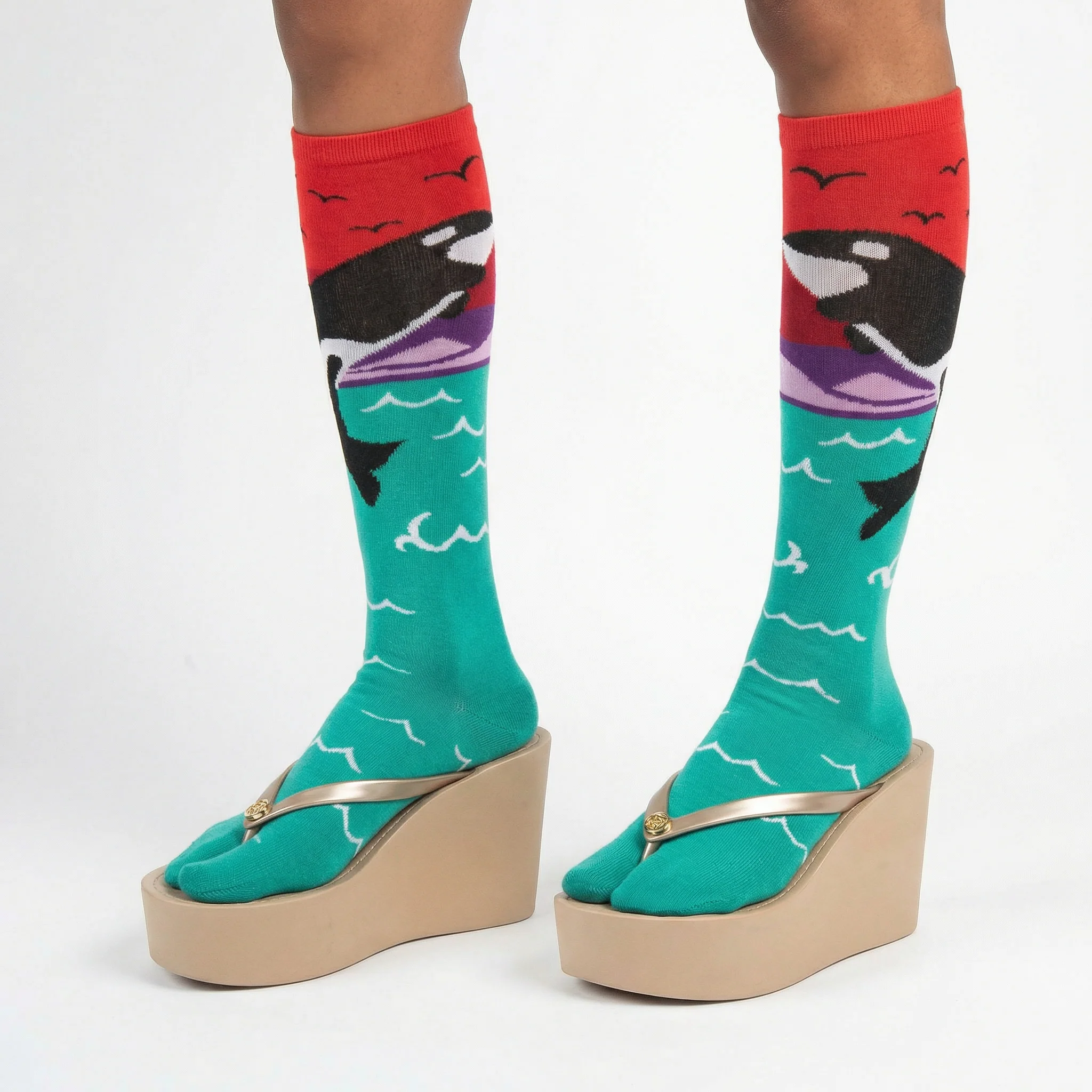 Orca Whale Split Toe Tabi Socks | Over the Calf Big Toe Flip Flop Socks | Ocean Sunset Novelty Socks - Image 2