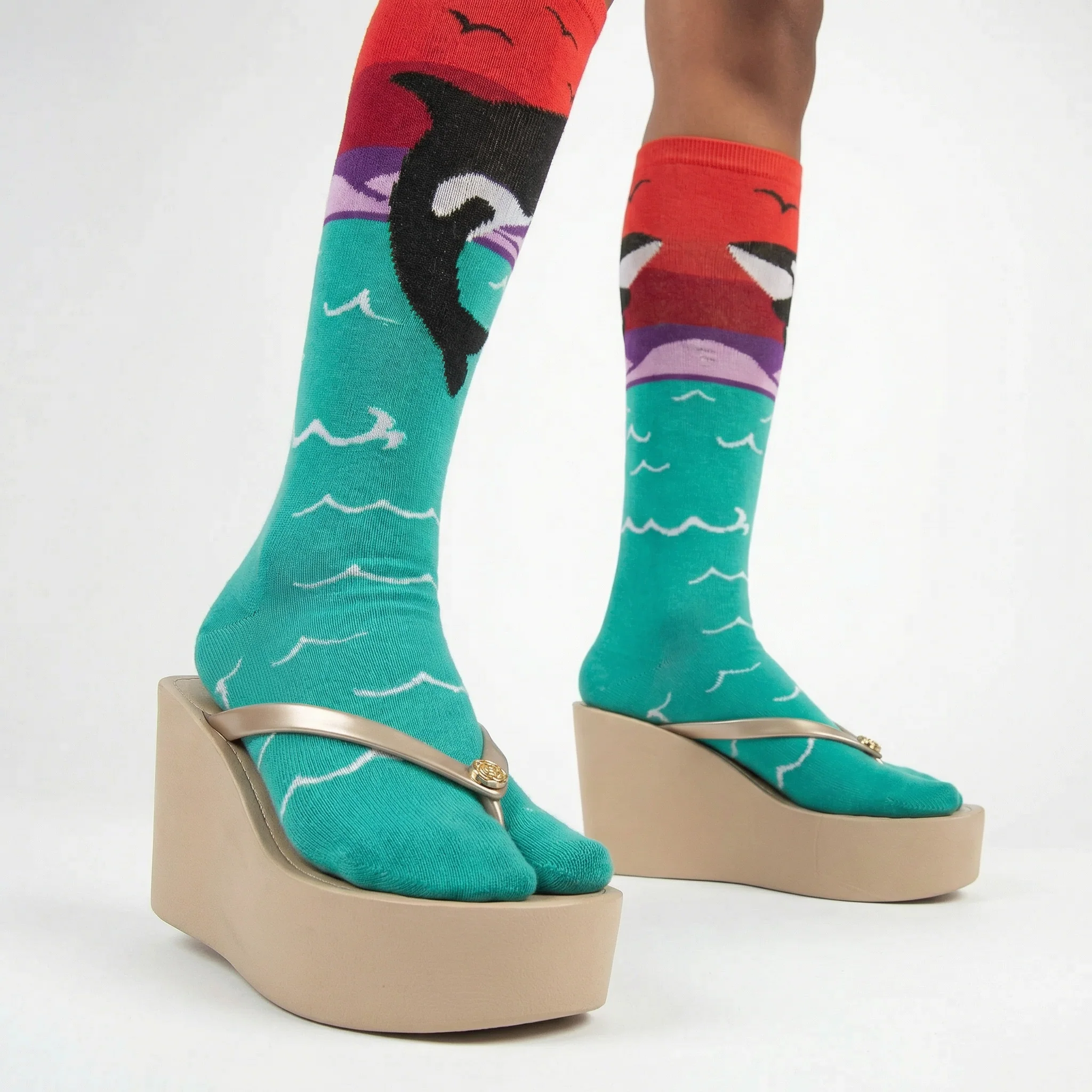 Orca Whale Split Toe Tabi Socks | Over the Calf Big Toe Flip Flop Socks | Ocean Sunset Novelty Socks - Image 3