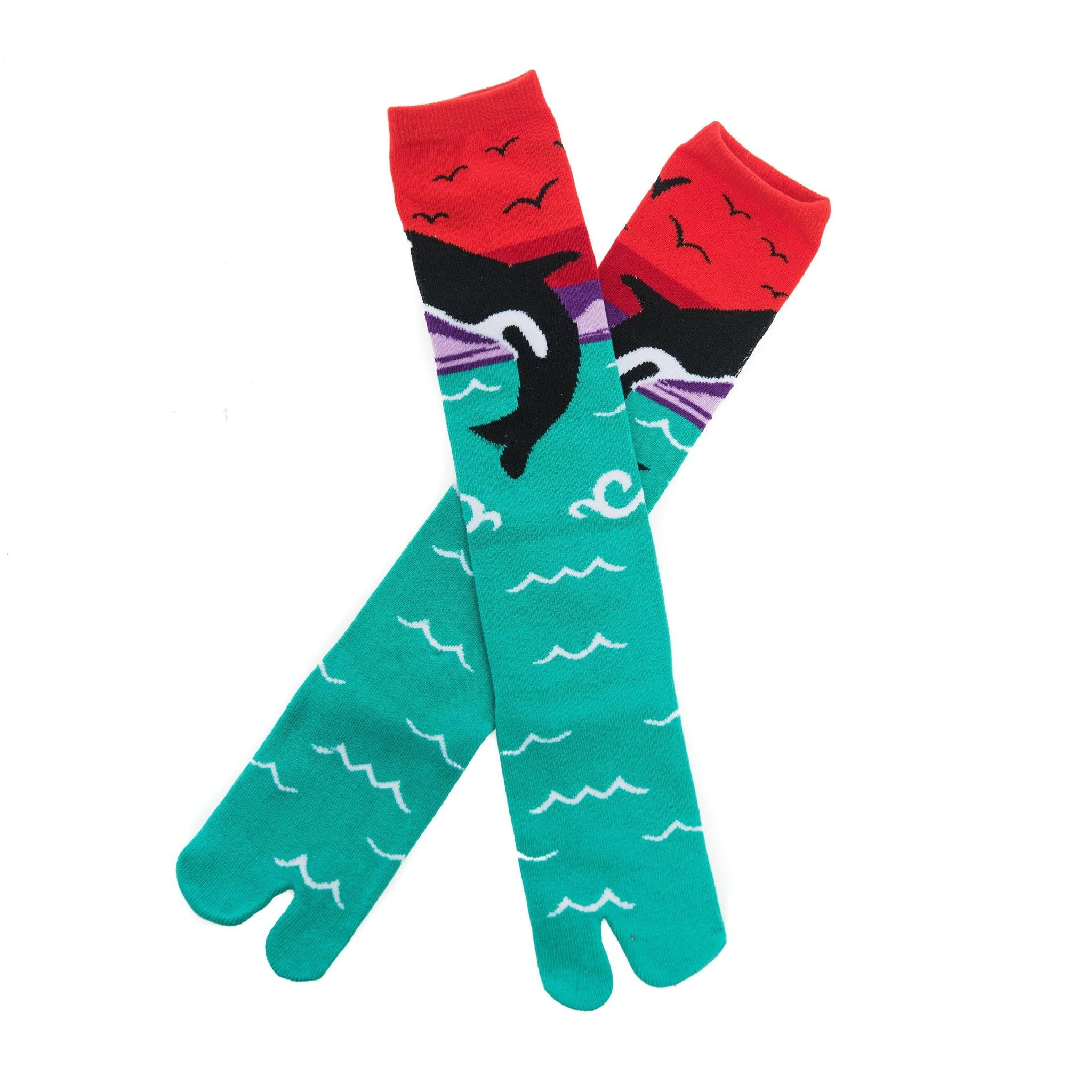 Orca Whale Split Toe Tabi Socks | Over the Calf Big Toe Flip Flop Socks | Ocean Sunset Novelty Socks - Image 4