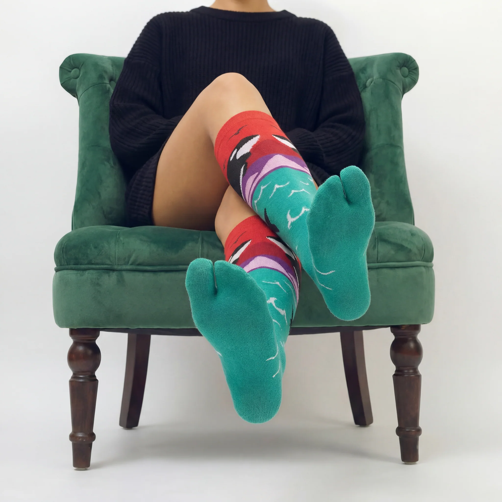 Orca Whale Split Toe Tabi Socks | Over the Calf Big Toe Flip Flop Socks | Ocean Sunset Novelty Socks - Image 6