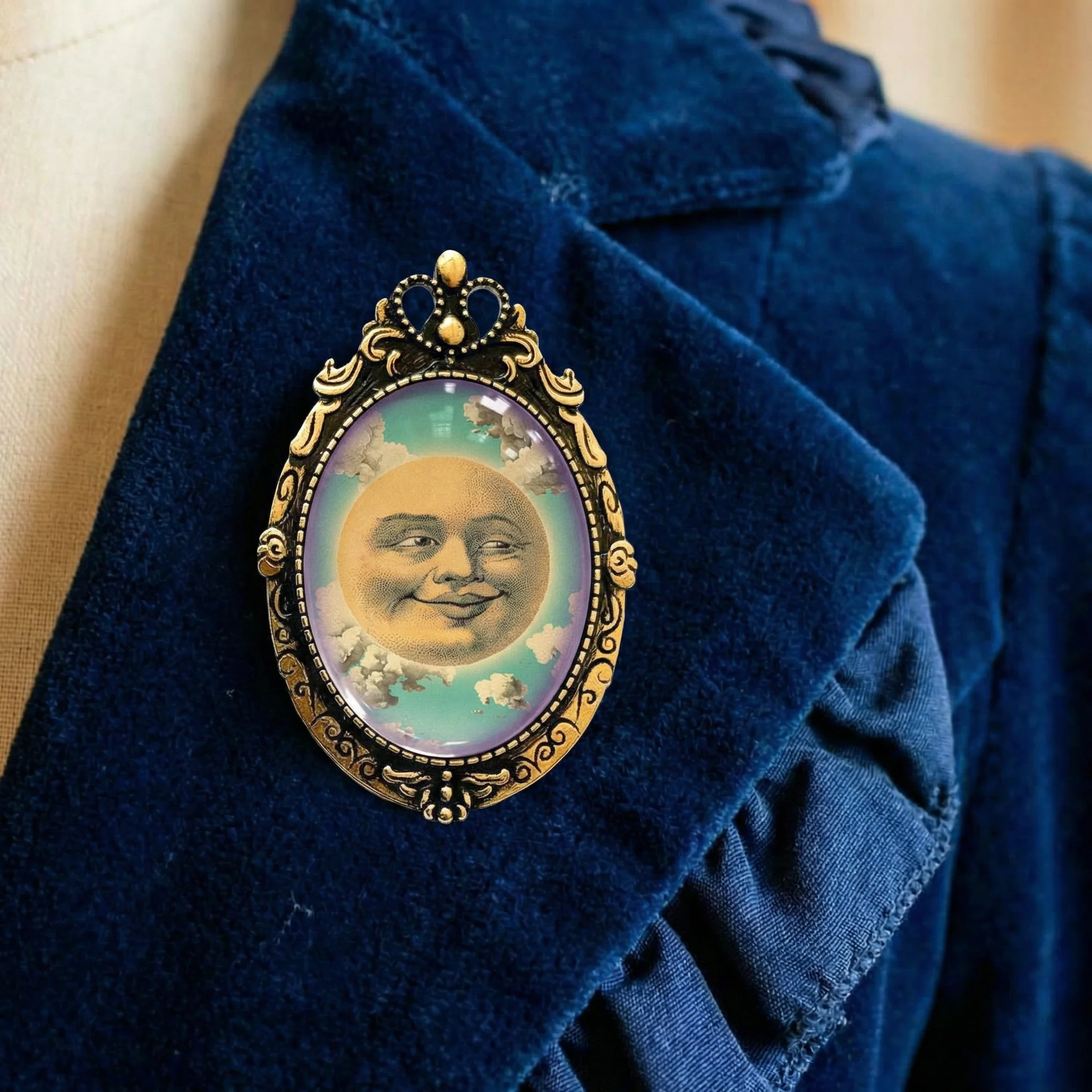 Victorian Happy Moon Brooch | Vintage Man in the Moon Celestial Art Glass Cabochon Pin - Image 2