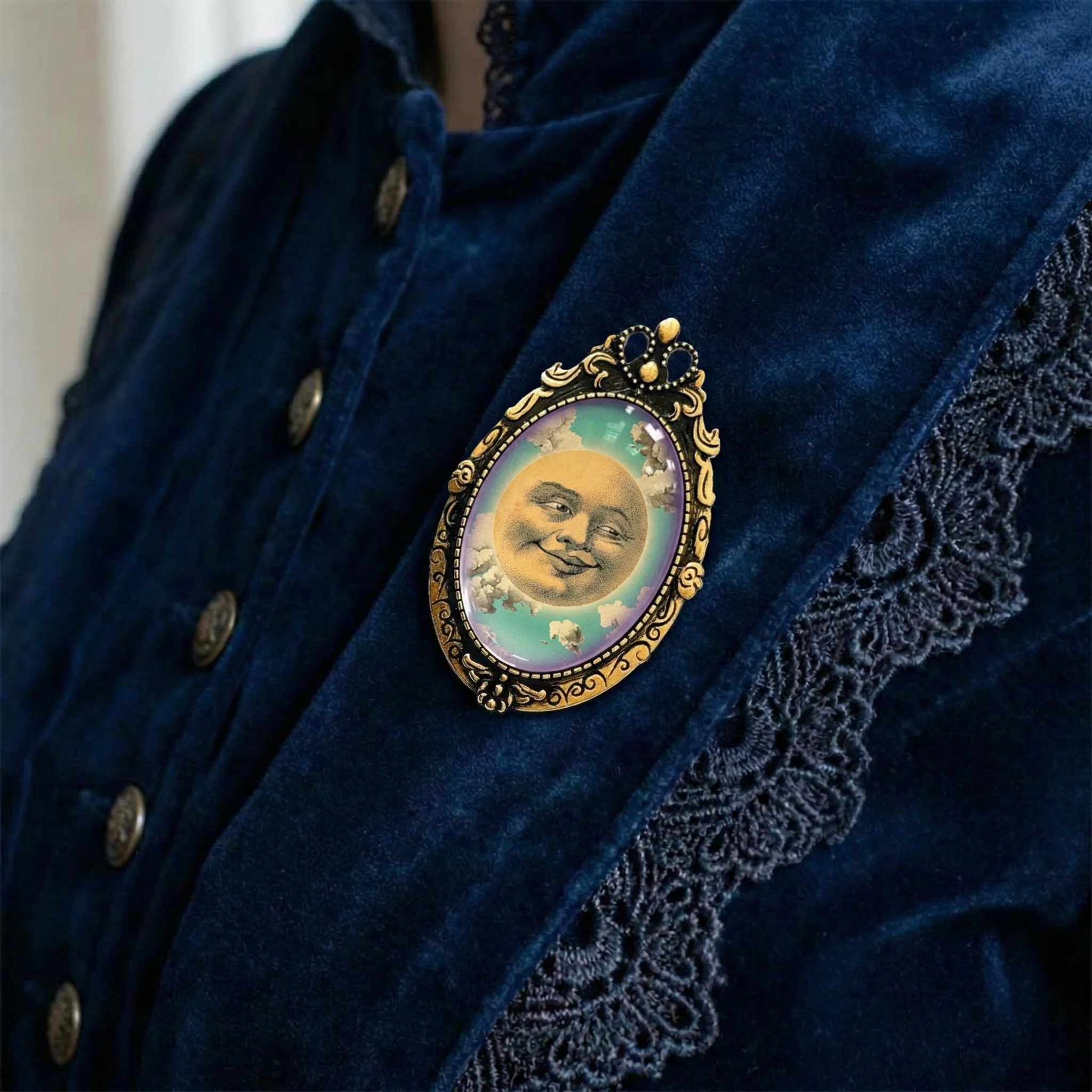 Victorian Happy Moon Brooch | Vintage Man in the Moon Celestial Art Glass Cabochon Pin - Image 7