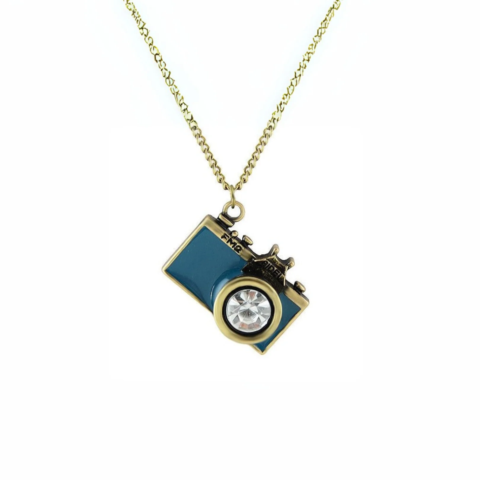Vintage Camera Necklace in Teal | Antique Brass Long Chain - Image 3