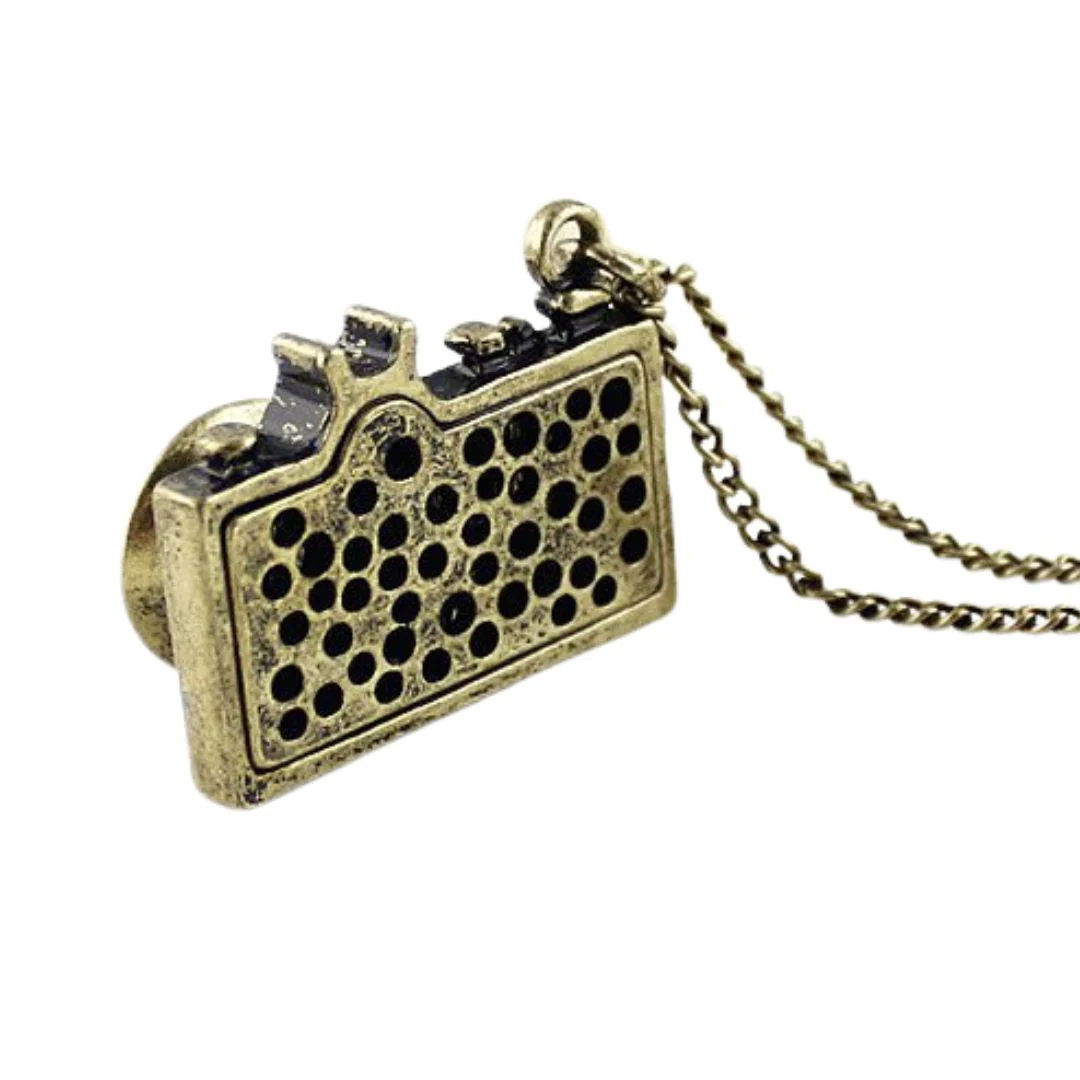 Vintage Camera Necklace in Teal | Antique Brass Long Chain - Image 5