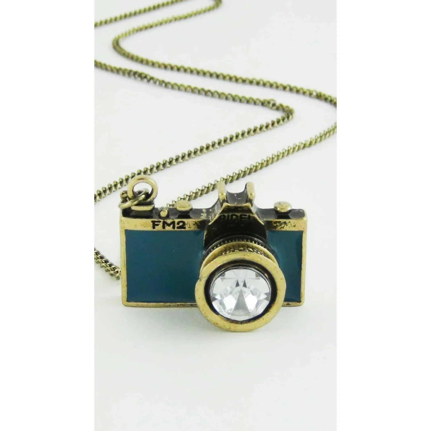 Vintage Camera Necklace in Teal | Antique Brass Long Chain - Image 6