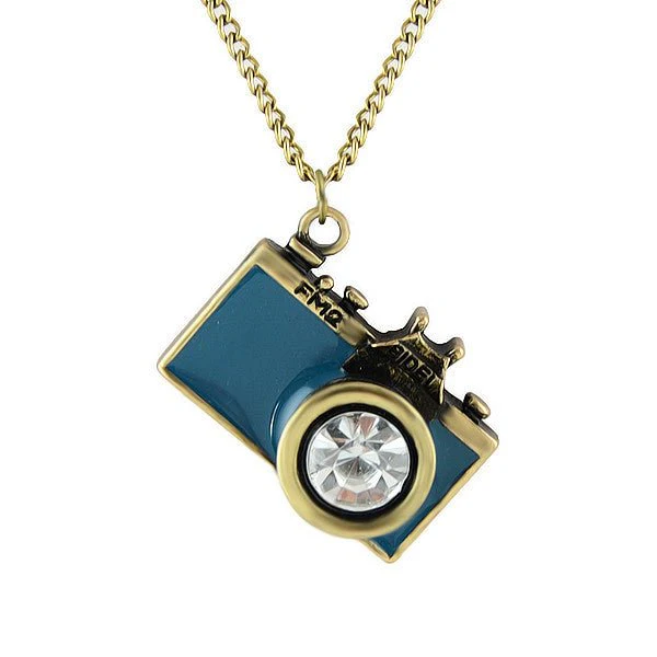 Vintage Camera Necklace in Teal | Antique Brass Long Chain - Image 7