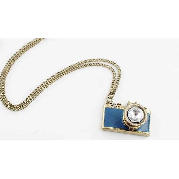 Vintage Camera Necklace in Teal | Antique Brass Long Chain - Image 8