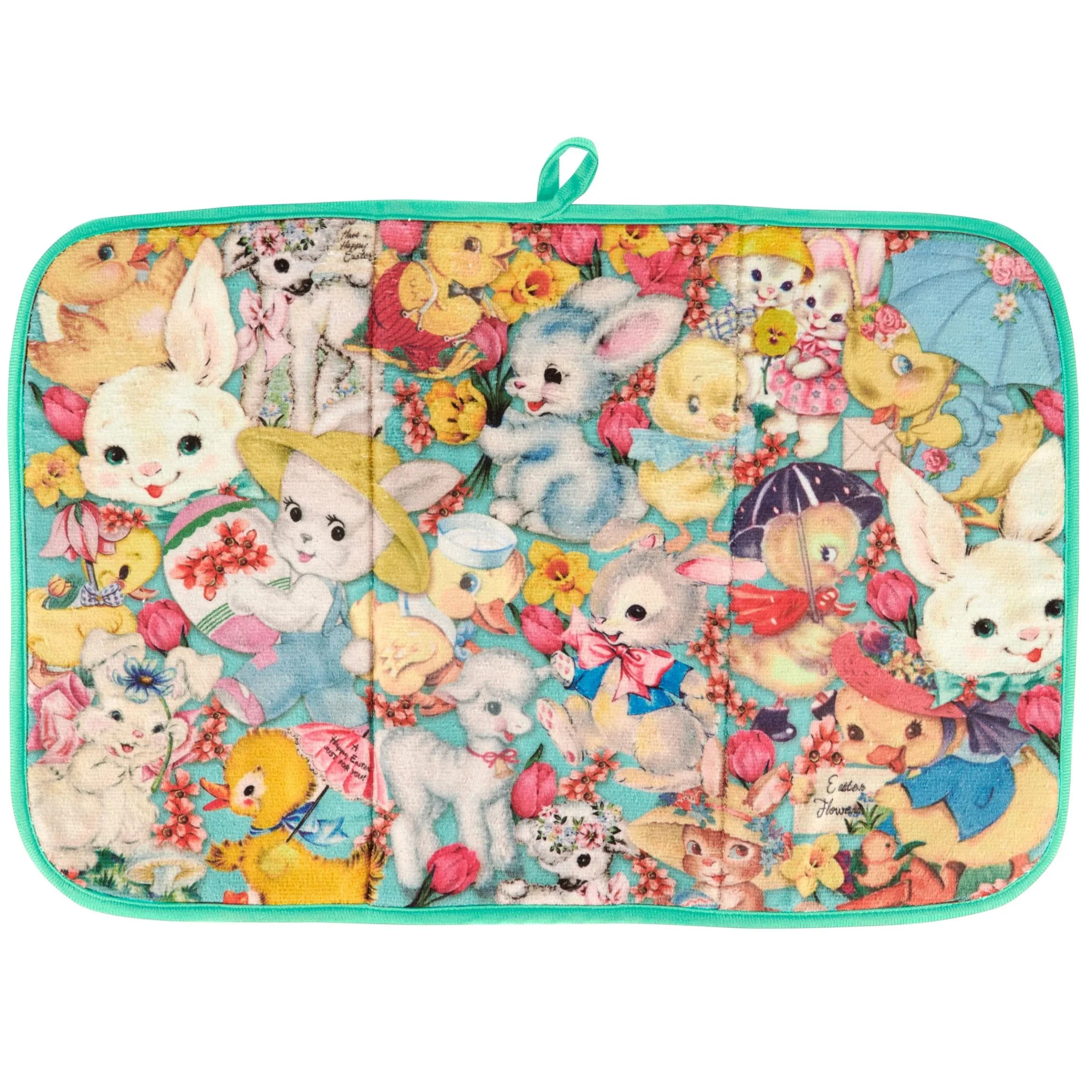 Vintage Spring Animals Drying Mat | Bunny Chick & Lamb Dish Drainer Pad | 21" x 14"