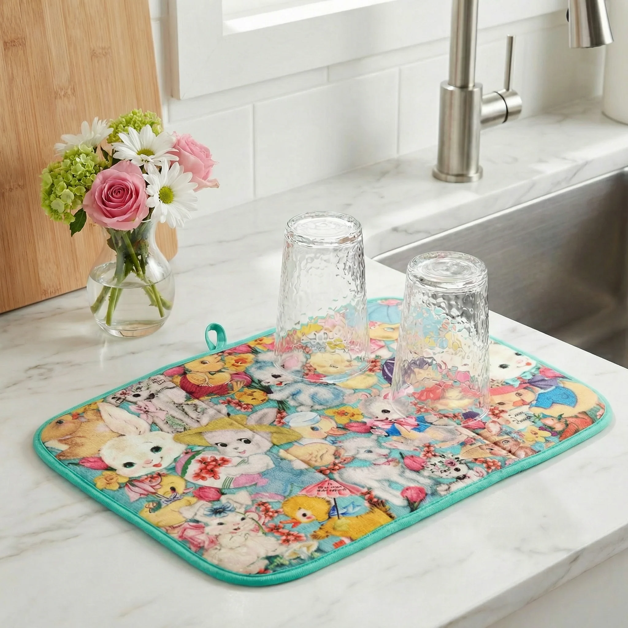 Vintage Spring Animals Drying Mat | Bunny Chick & Lamb Dish Drainer Pad | 21" x 14" - Image 5