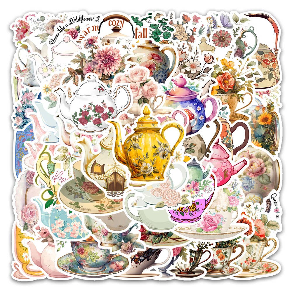 Vintage Floral Teapot & Teacup Stickers | 20 Mixed Victorian Style Decorative Scrapbook Stickers