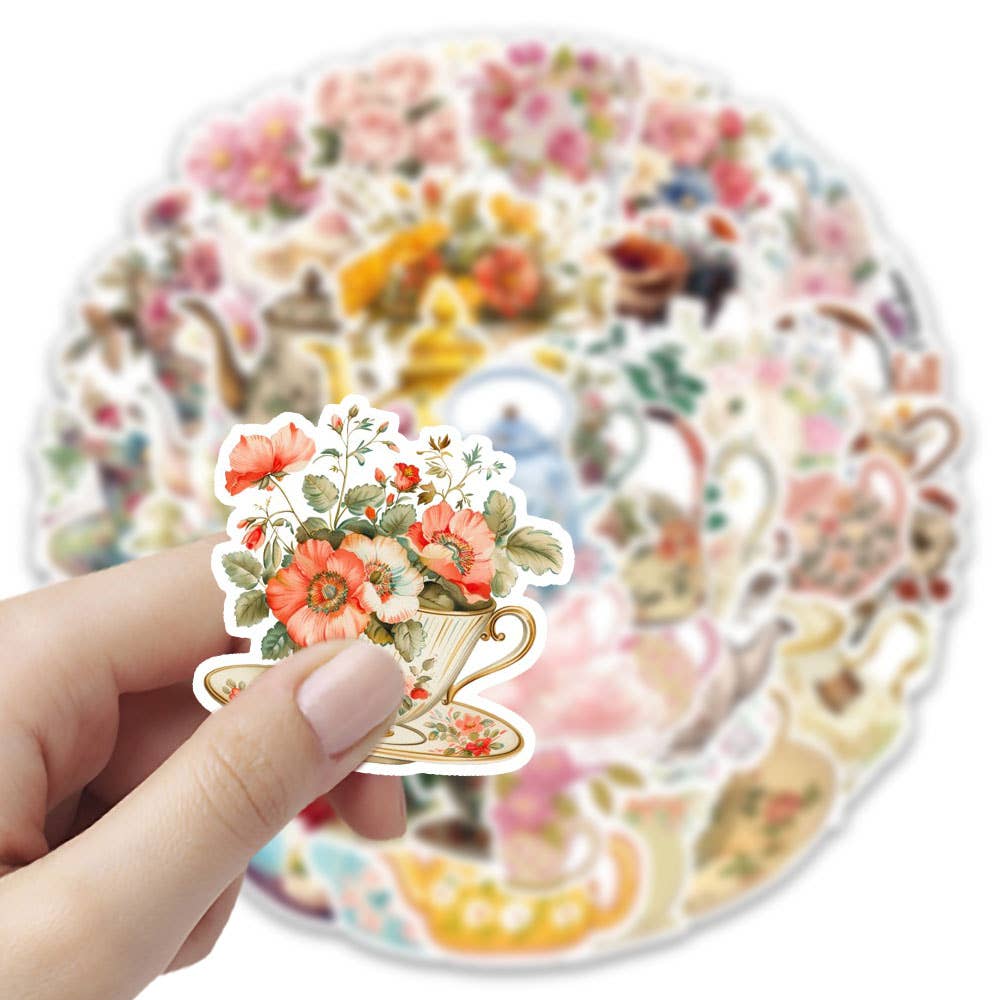 Vintage Floral Teapot & Teacup Stickers | 20 Mixed Victorian Style Decorative Scrapbook Stickers - Image 2