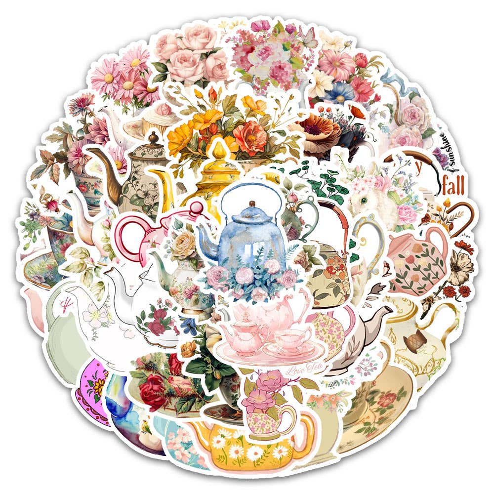 Vintage Floral Teapot & Teacup Stickers | 20 Mixed Victorian Style Decorative Scrapbook Stickers - Image 3
