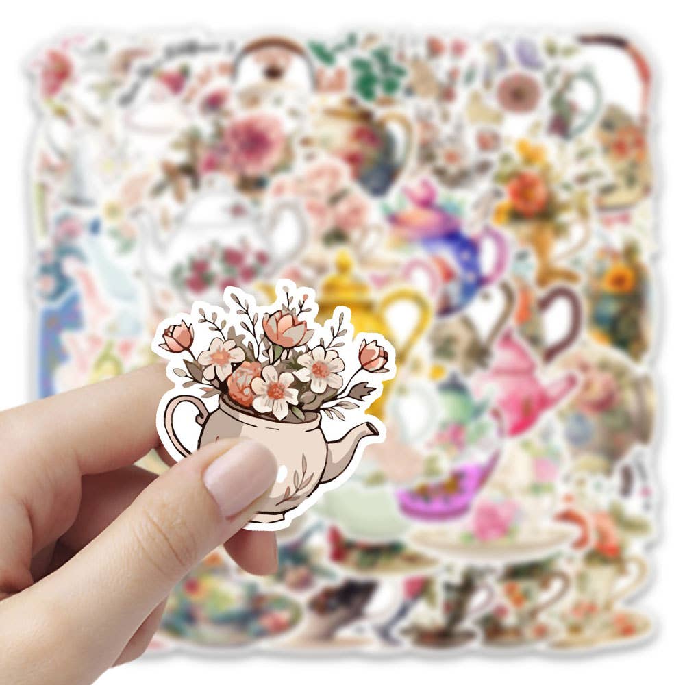 Vintage Floral Teapot & Teacup Stickers | 20 Mixed Victorian Style Decorative Scrapbook Stickers - Image 4