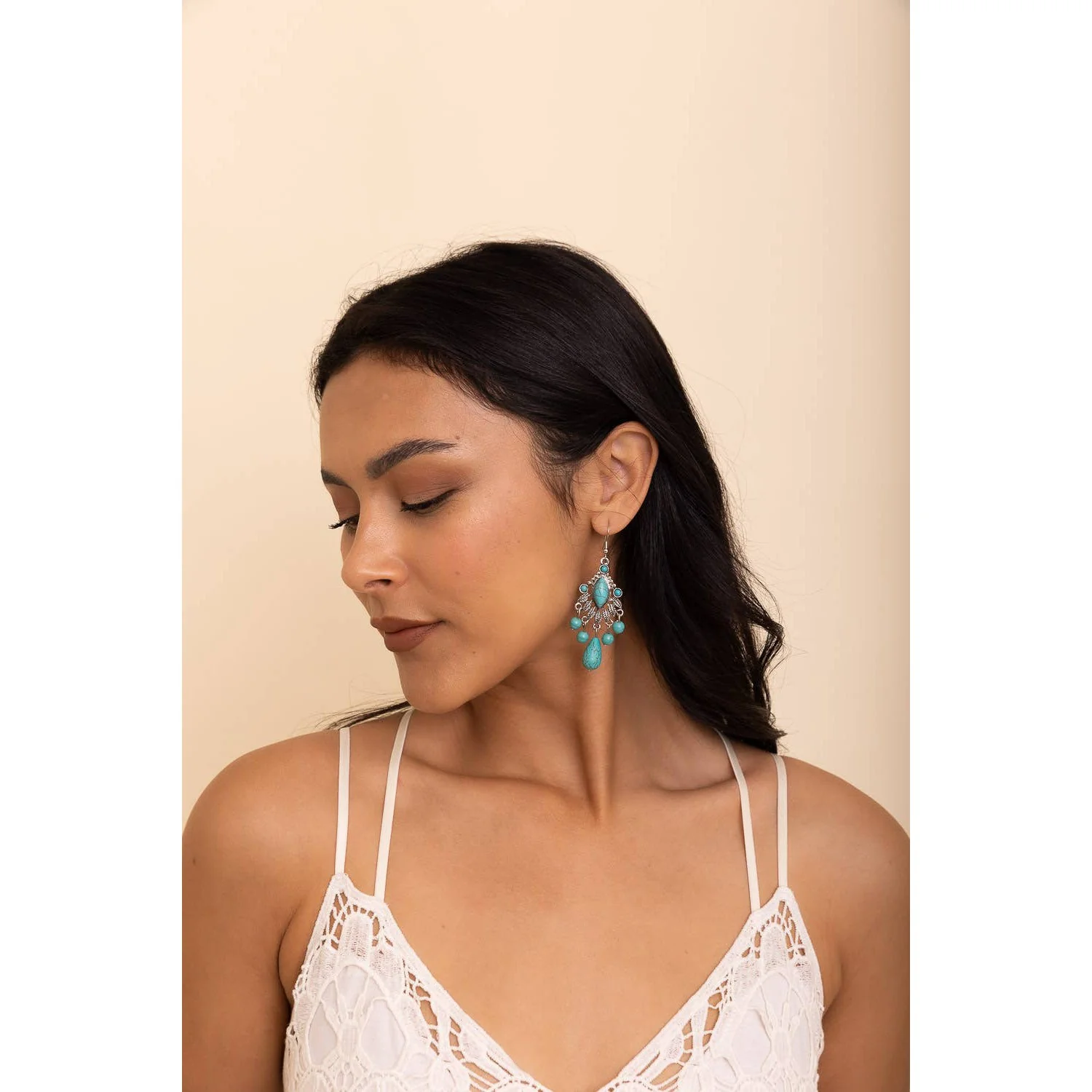 Vintage Turquoise Silver Chandelier Earrings 🔅 Bohemian Vibe Dangle Fashion Jewelry - Image 4