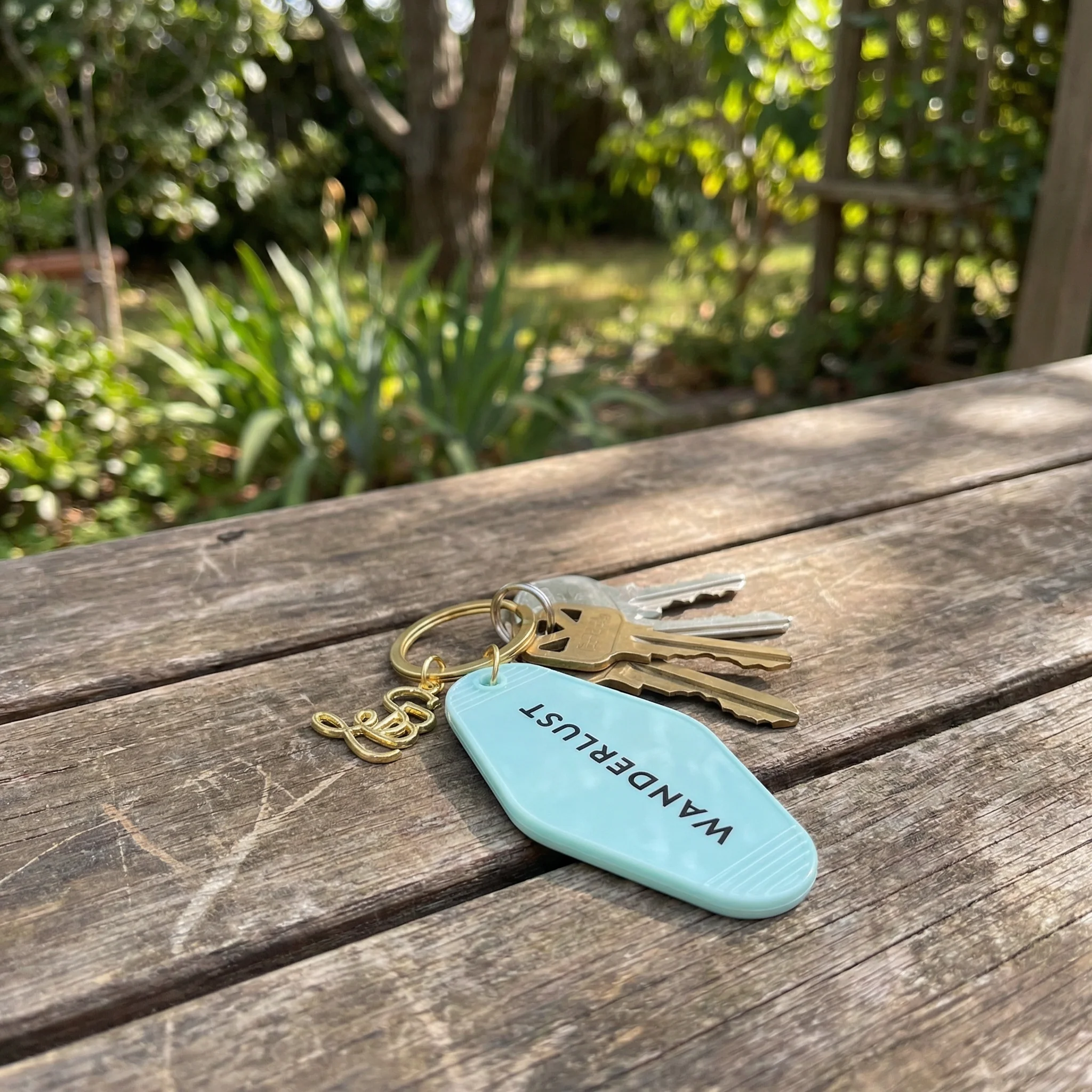Wanderlust Motel Style Keychain in Green with Gold Hardware - Image 3
