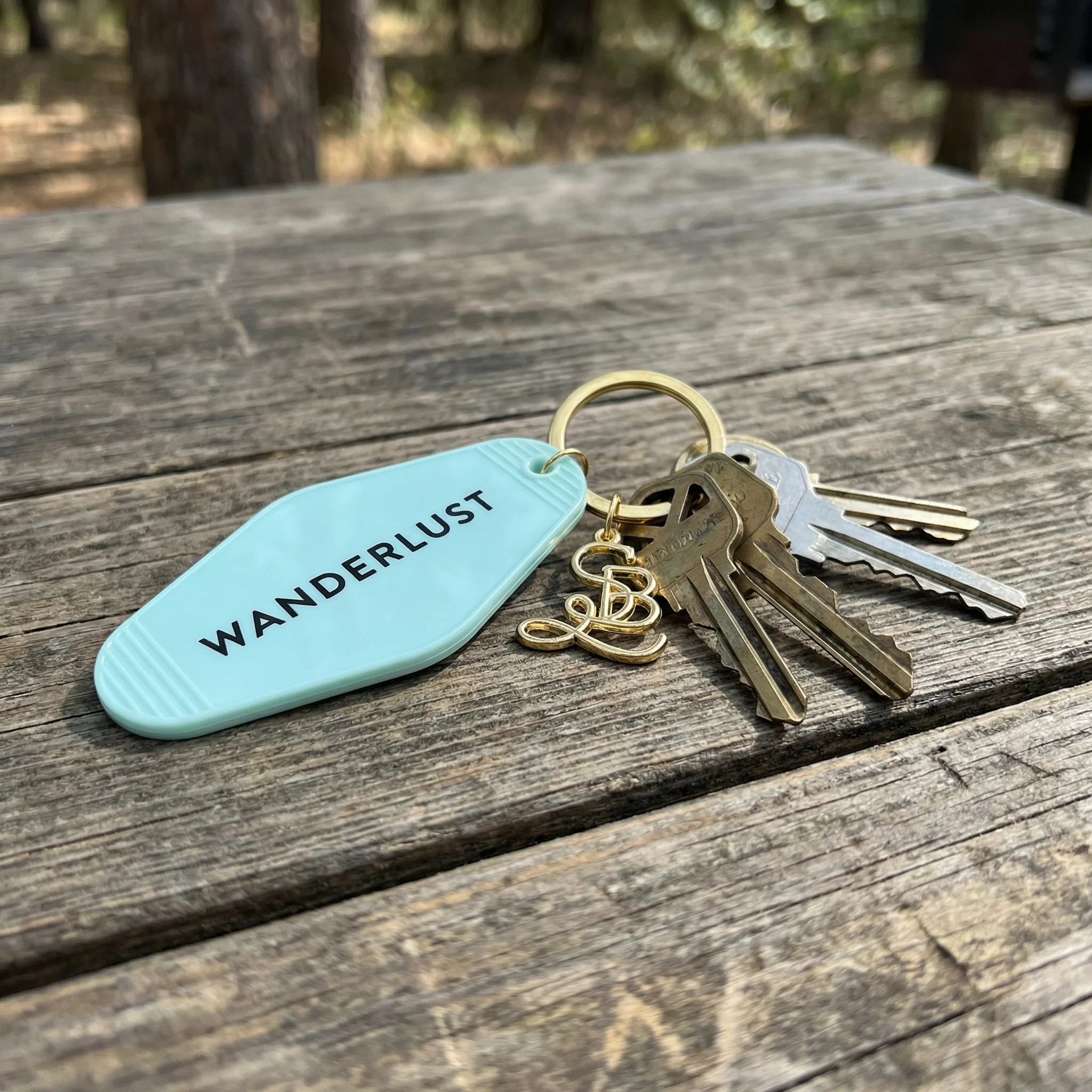 Wanderlust Motel Style Keychain in Green with Gold Hardware - Image 4