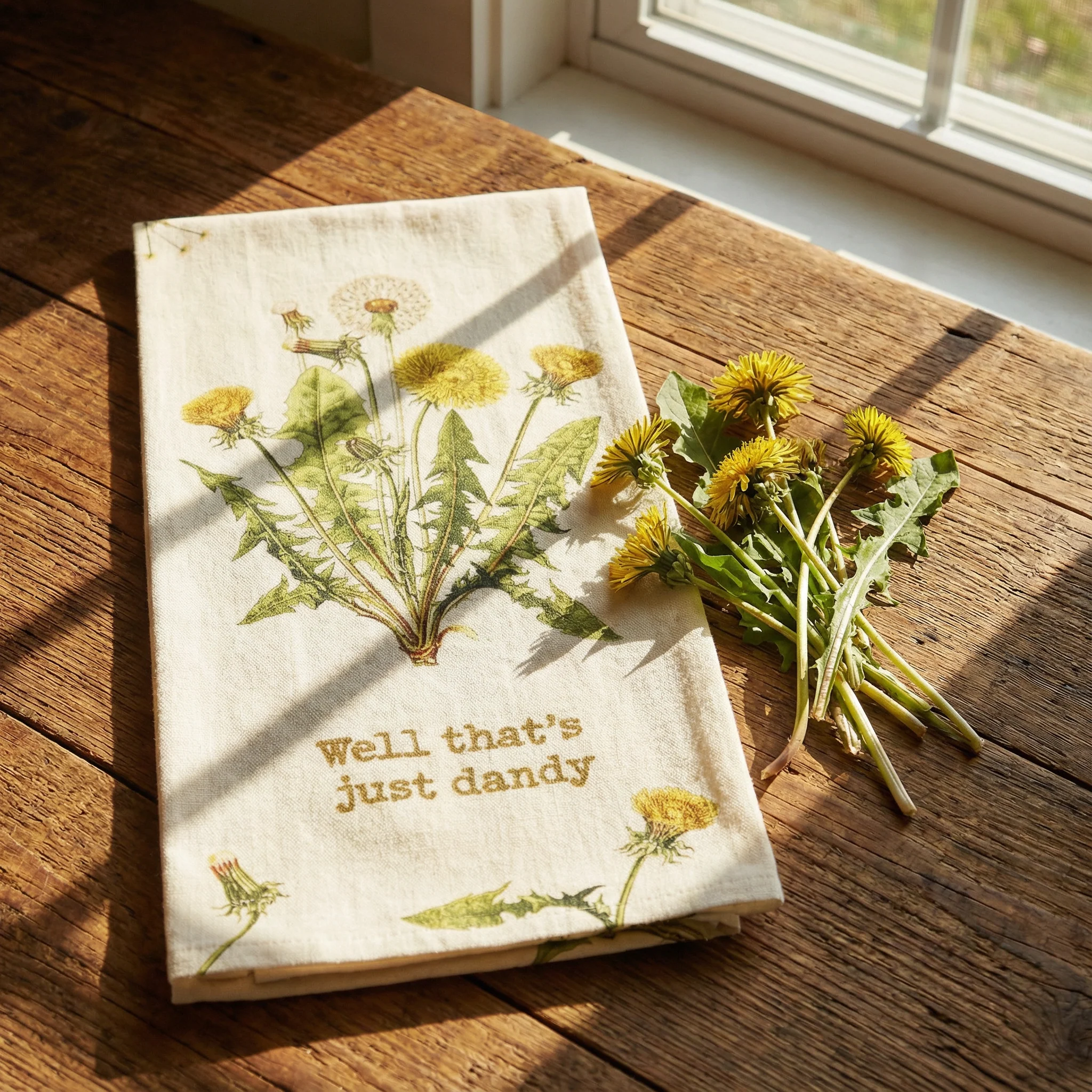 Well That's Just Dandy Punny Dandelion Dish Cloth Towel | Cotton Linen Novelty Tea Towel | Cute Kitchen Hand Towel | 18" x 28"