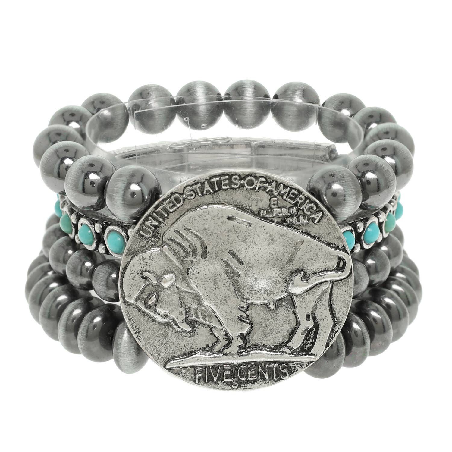Vintage Style Buffalo Coin Pearl Bead Bracelet | Cowgirl Western Boho Bison Coin Beaded Stacked Stretch Bracelet - Image 2