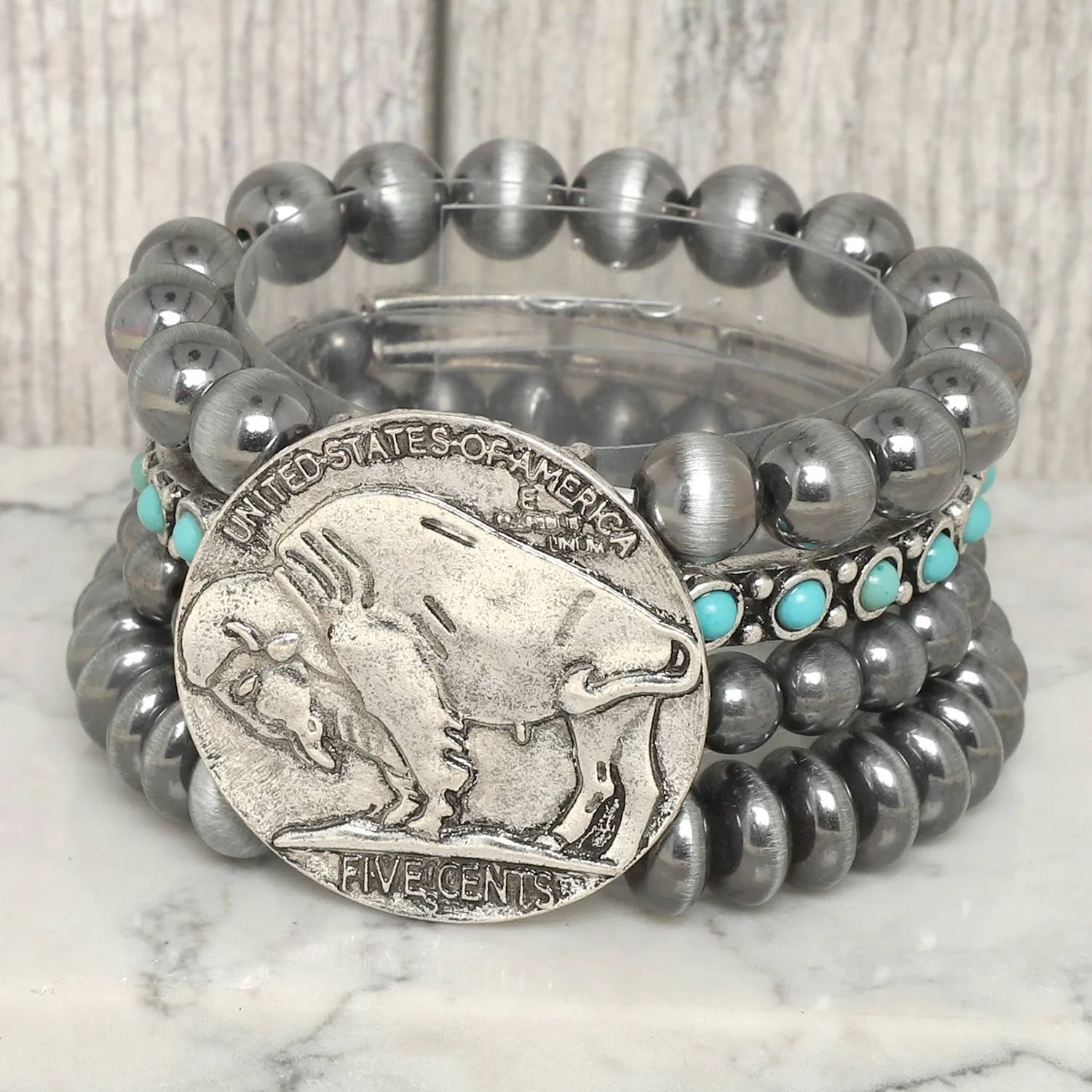 Vintage Style Buffalo Coin Pearl Bead Bracelet | Cowgirl Western Boho Bison Coin Beaded Stacked Stretch Bracelet - Image 4