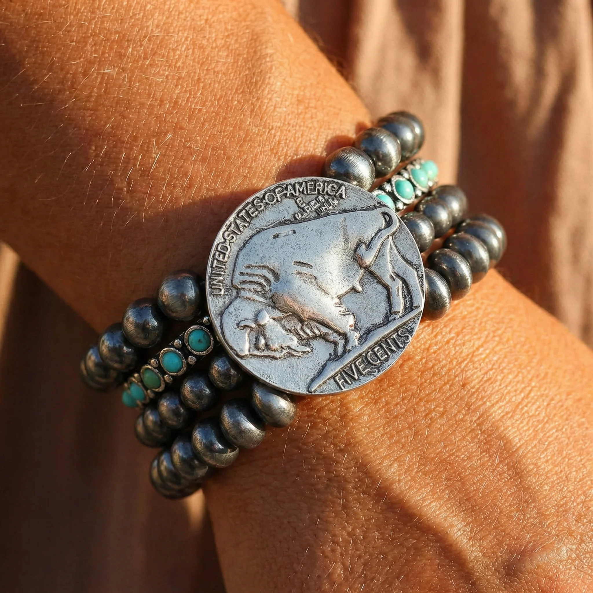 Vintage Style Buffalo Coin Pearl Bead Bracelet | Cowgirl Western Boho Bison Coin Beaded Stacked Stretch Bracelet - Image 5