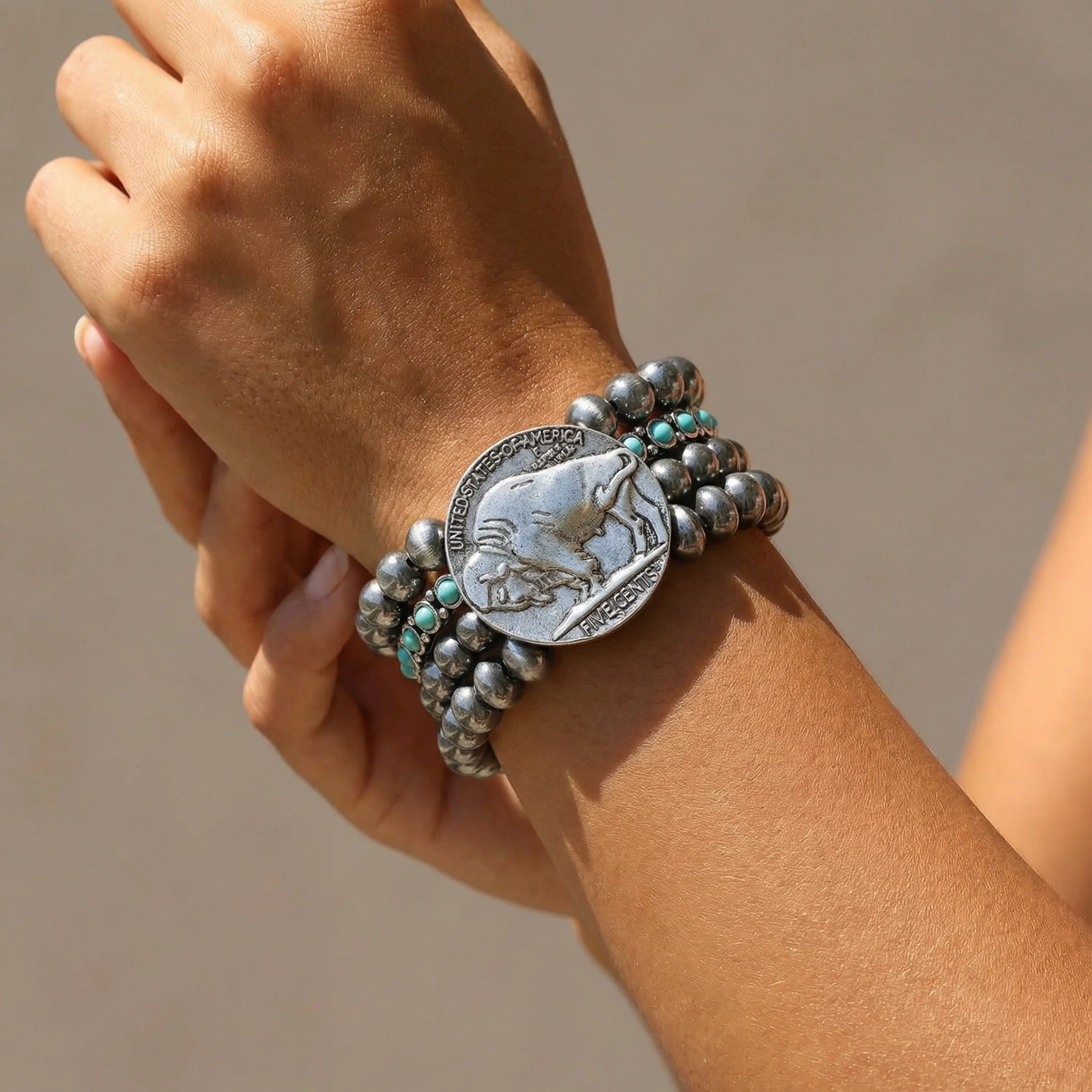 Vintage Style Buffalo Coin Pearl Bead Bracelet | Cowgirl Western Boho Bison Coin Beaded Stacked Stretch Bracelet - Image 6