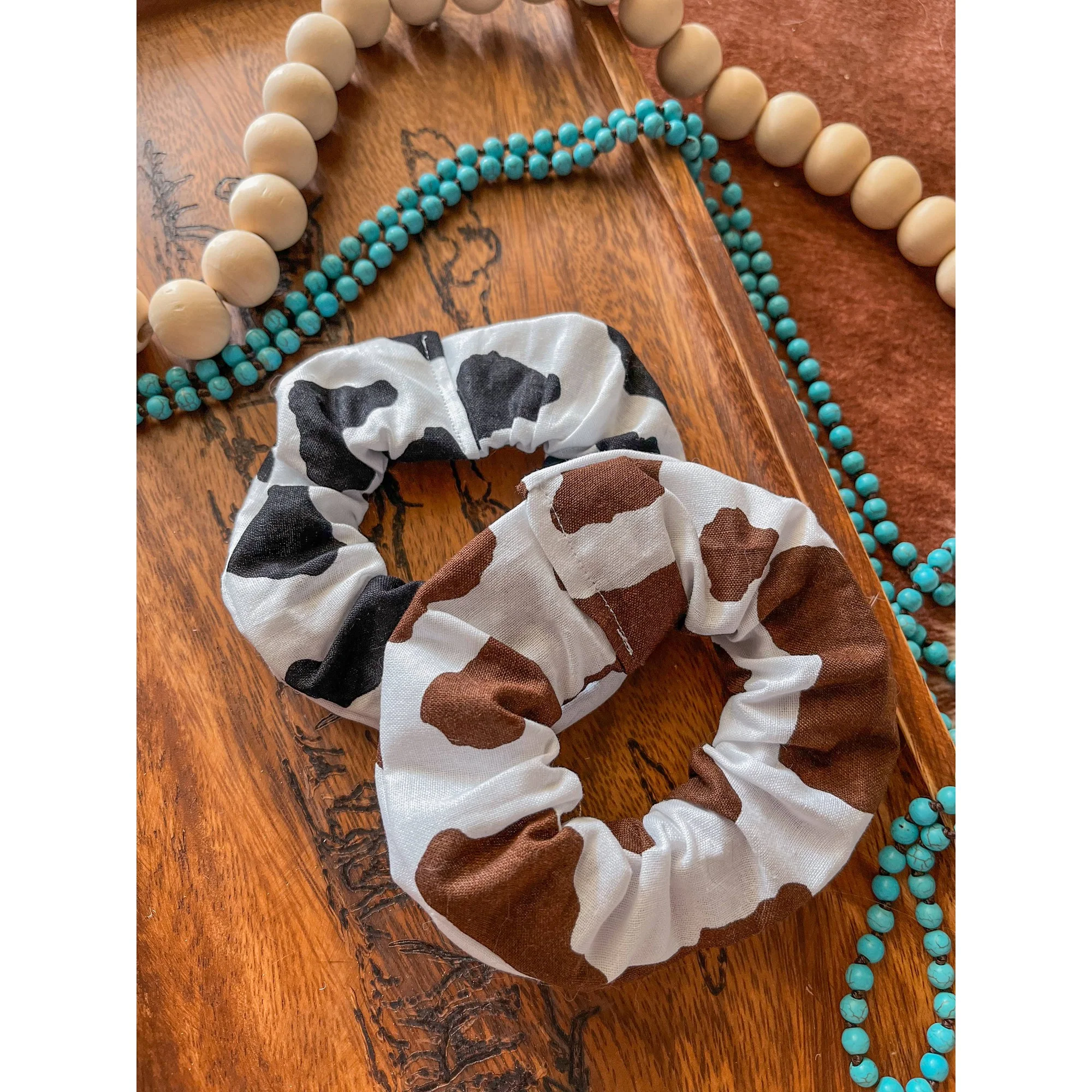 Western Cow Print Cotton Scrunchie in Brown | Handmade Hairtie - Image 2