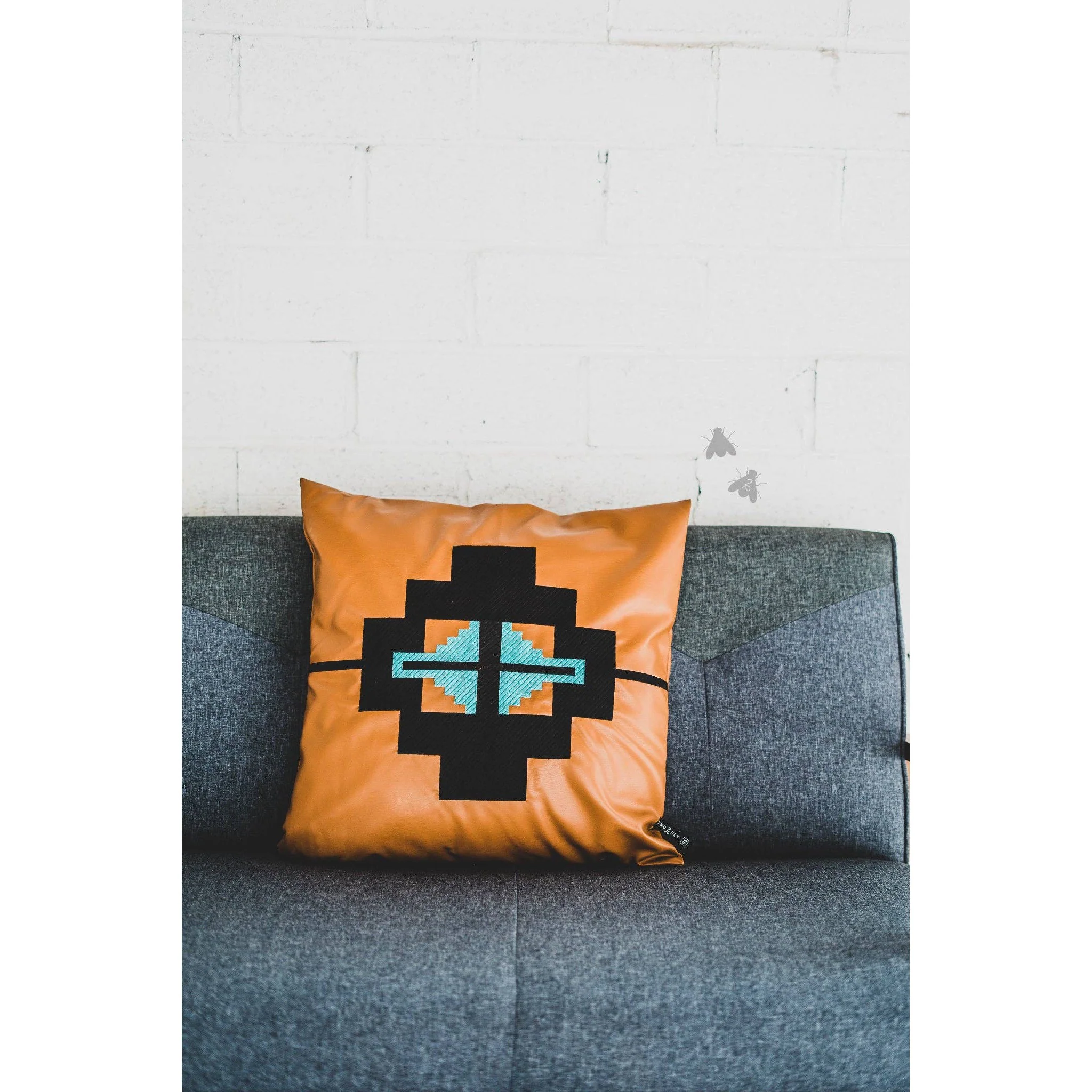 Western Point Pillow Case in Saddle Color Faux Leather | Embroidered Aztec Design - Image 3