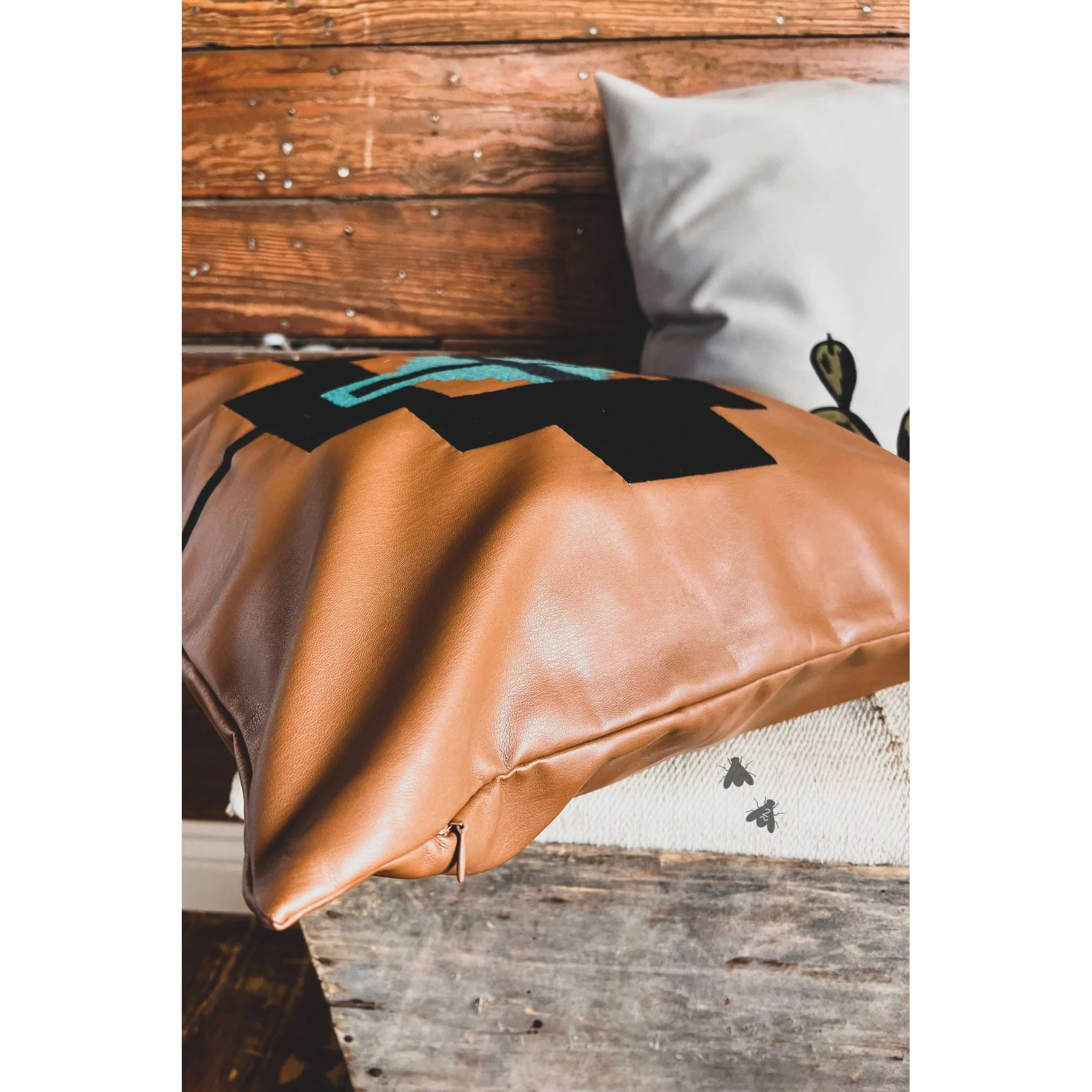 Western Point Pillow Case in Saddle Color Faux Leather | Embroidered Aztec Design - Image 4