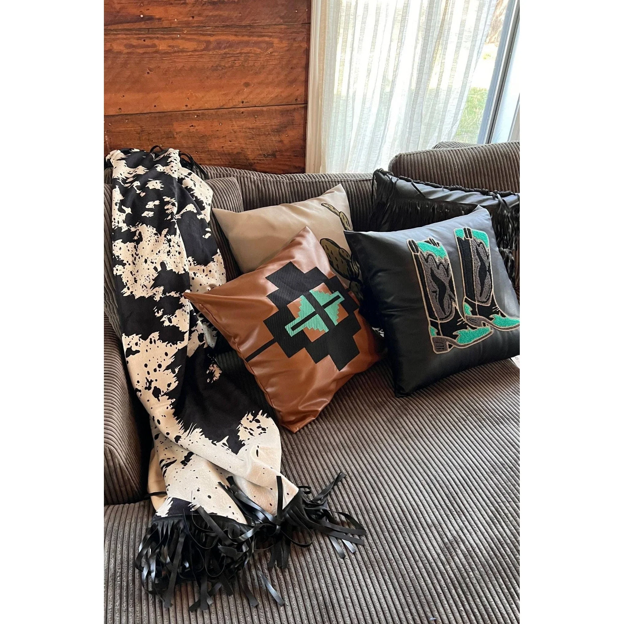 Western Point Pillow Case in Saddle Color Faux Leather | Embroidered Aztec Design - Image 5