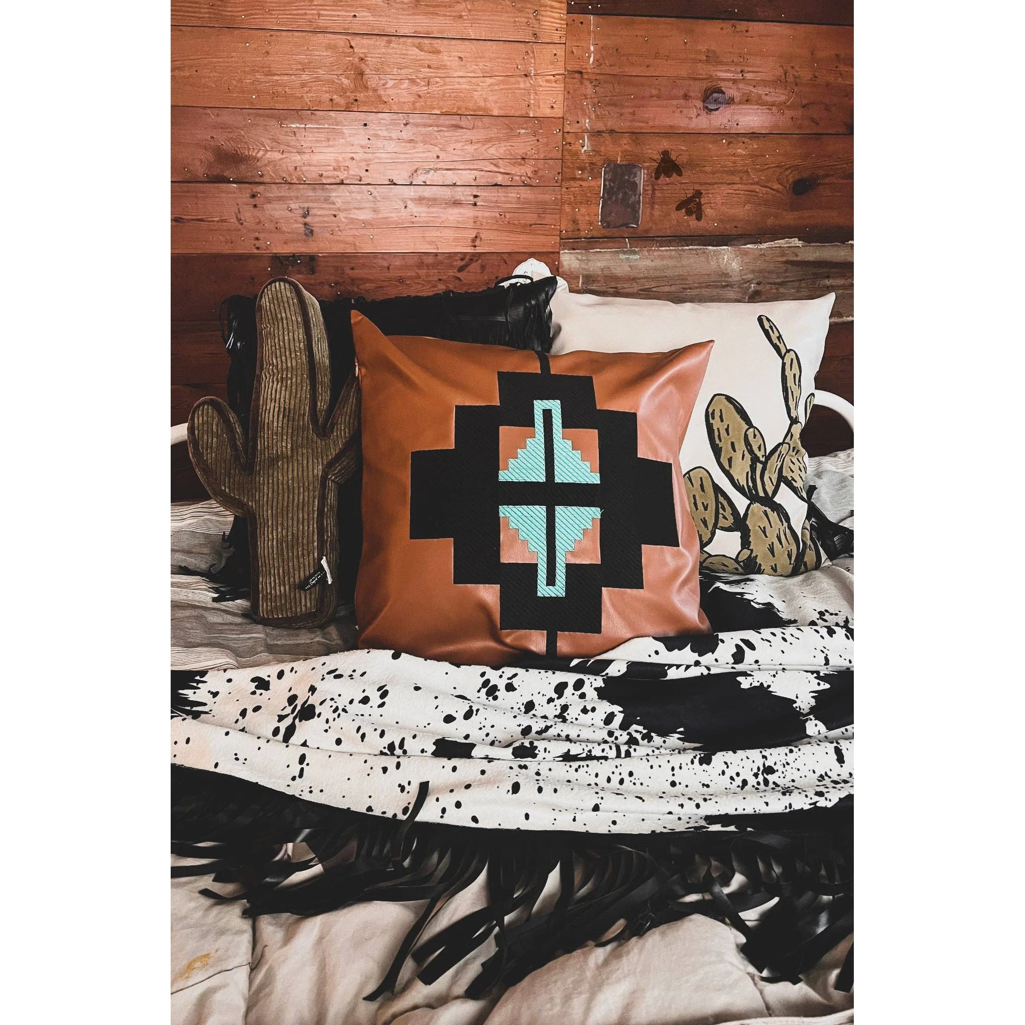 Western Point Pillow Case in Saddle Color Faux Leather | Embroidered Aztec Design - Image 6