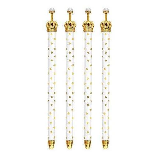 White and Gold Polka Dot Crown Pen - Set of 12 | Giftable Pens | Novelty Office Desk Supplies