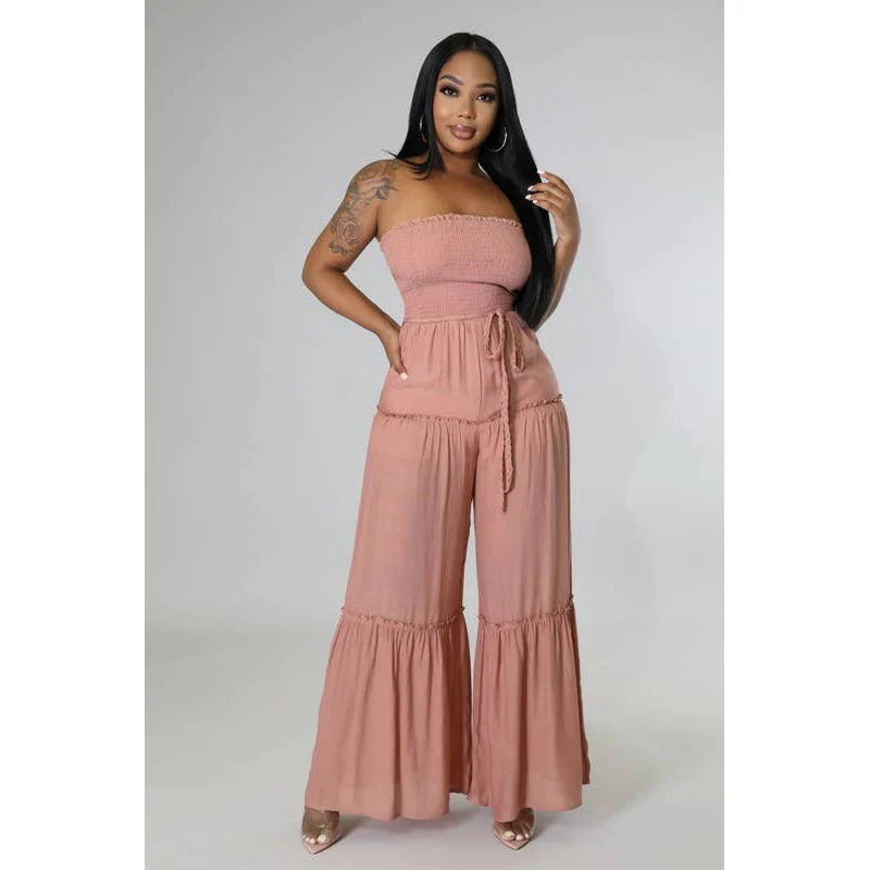 Wide Leg Strapless Jumpsuit With Waist Tie in Fuchsia or Mango - Image 10