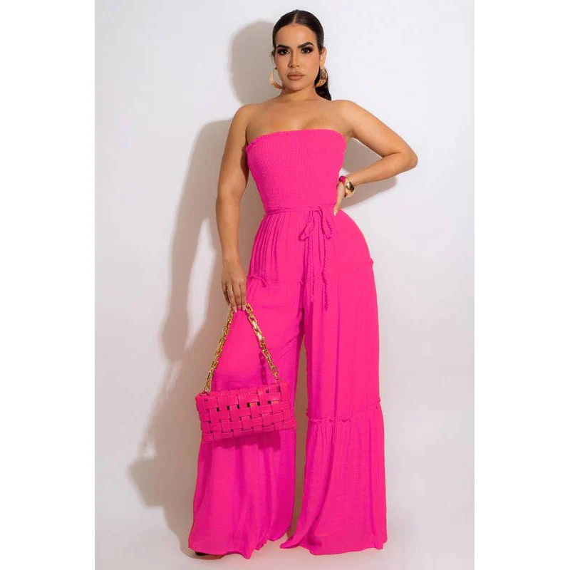 Wide Leg Strapless Jumpsuit With Waist Tie in Fuchsia or Mango - Image 5