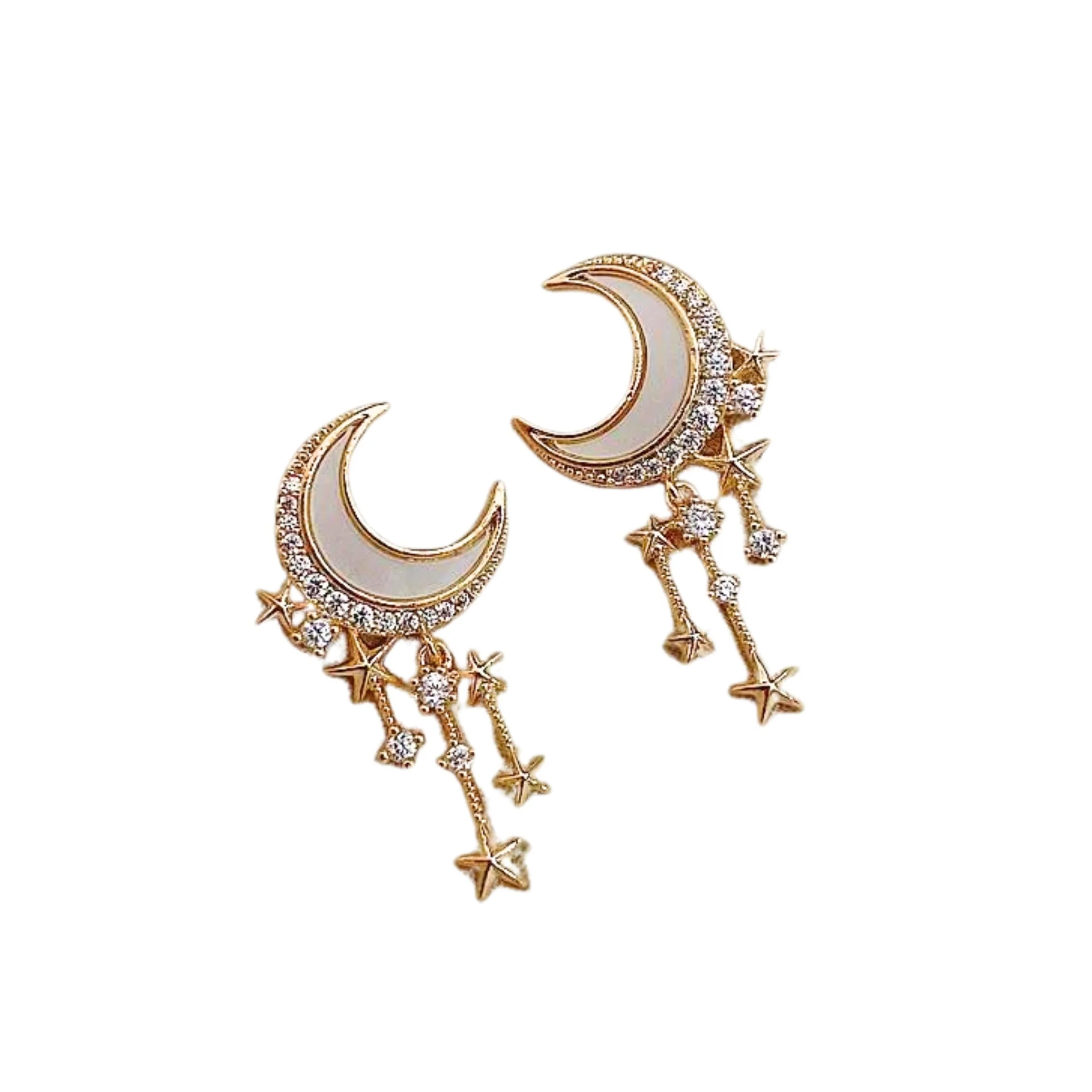 Witchy Moon Earrings | Gold Ivory Crescent and Star Drop Earrings