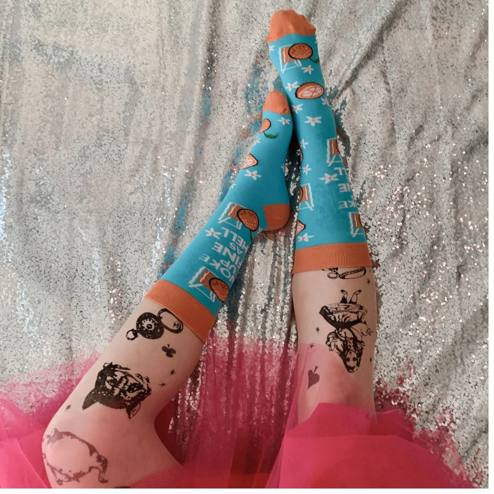 Woke Up Fine As Hell Socks in Blue | Orange Juice Illustration | Gift for Her - Image 3