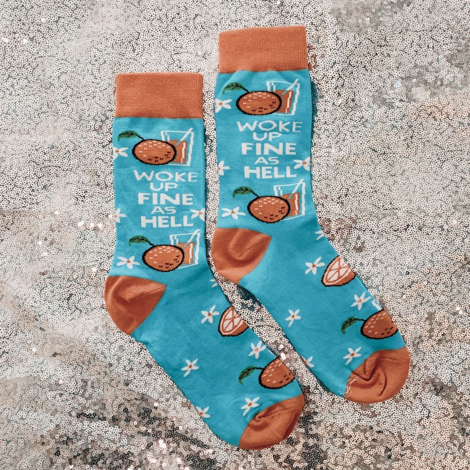 Woke Up Fine As Hell Socks in Blue | Orange Juice Illustration | Gift for Her - Image 6