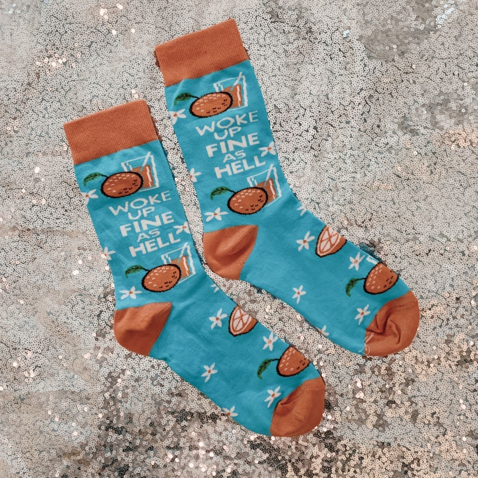 Woke Up Fine As Hell Socks in Blue | Orange Juice Illustration | Gift for Her - Image 8