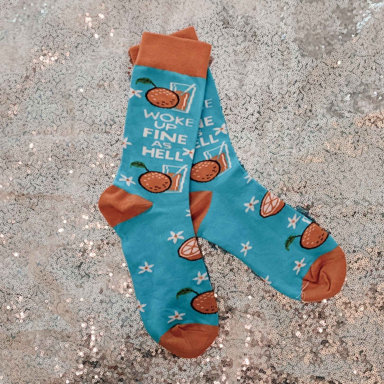 Woke Up Fine As Hell Socks in Blue | Orange Juice Illustration | Gift for Her - Image 9