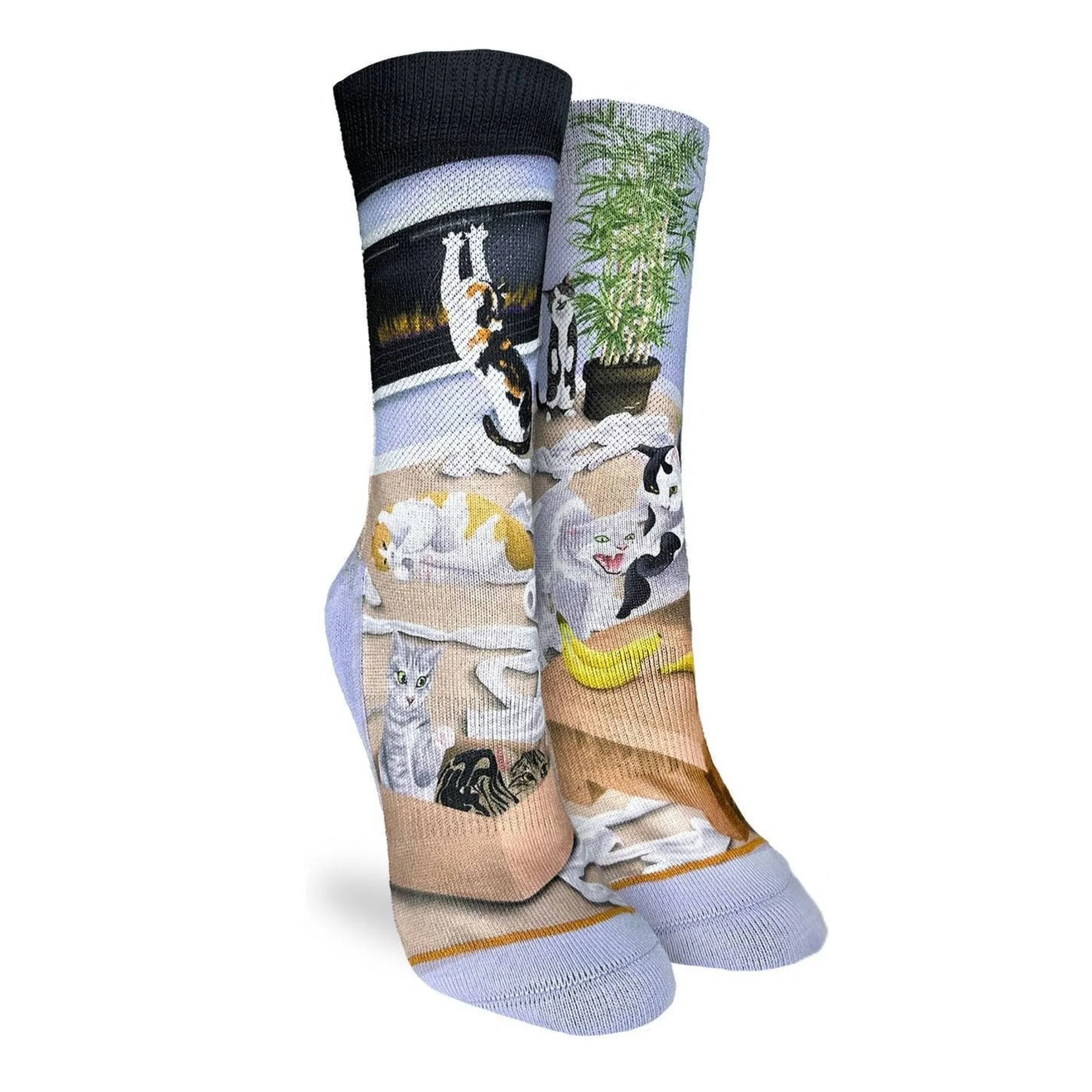 Cats Causing Catastrophe Women's  Socks in Lilac | Mischief Cat Design Crew Socks - Image 2