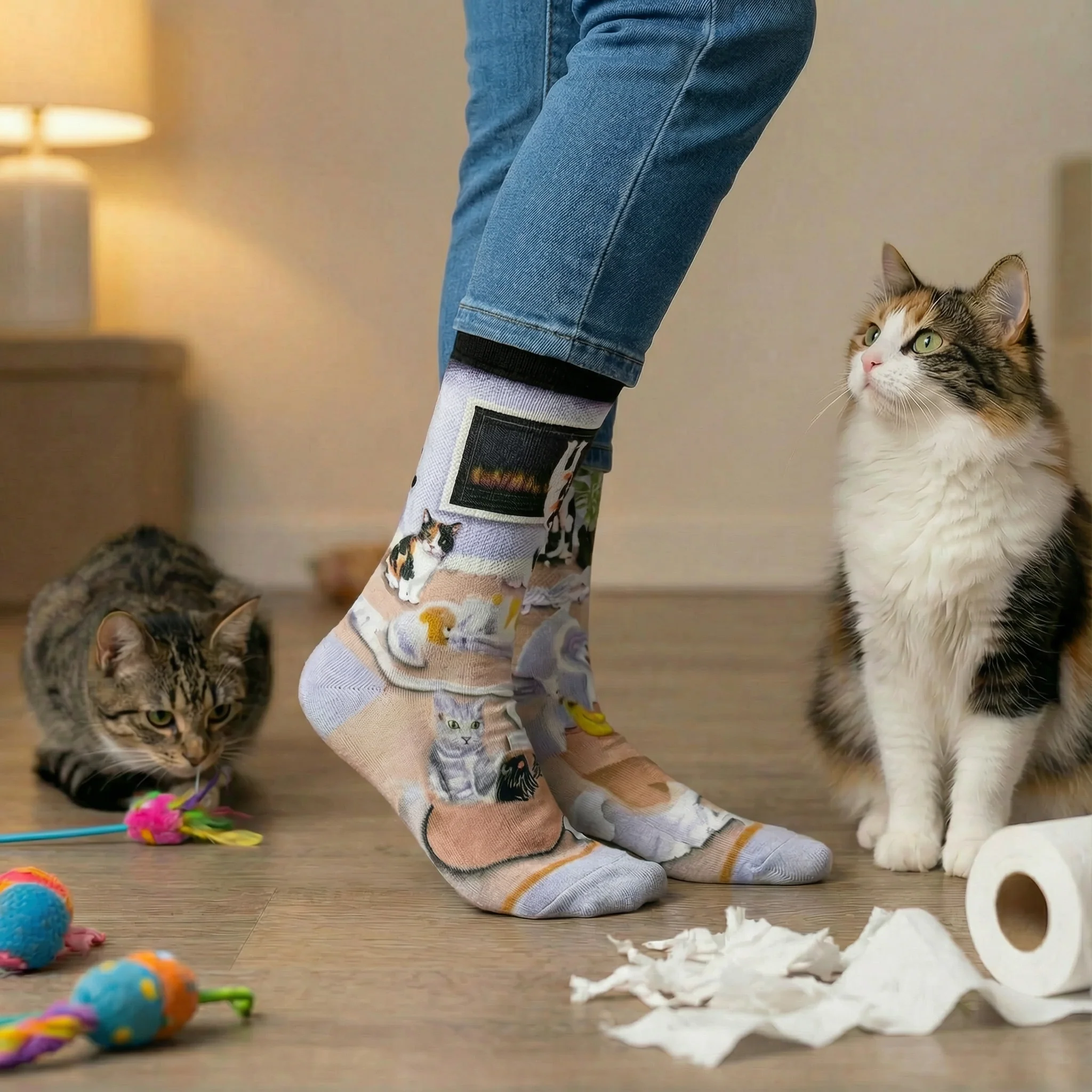 Cats Causing Catastrophe Women's  Socks in Lilac | Mischief Cat Design Crew Socks - Image 4