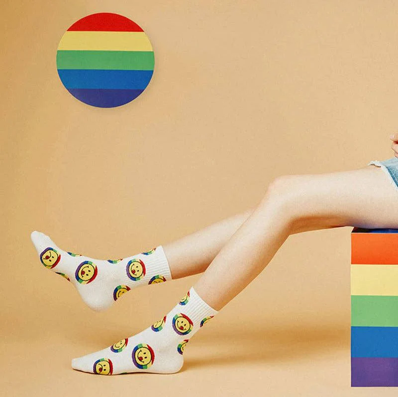 Smile Rainbow Women's Crew Socks in White | 80s Pride LGBTQ [Size 5-10] - Image 3