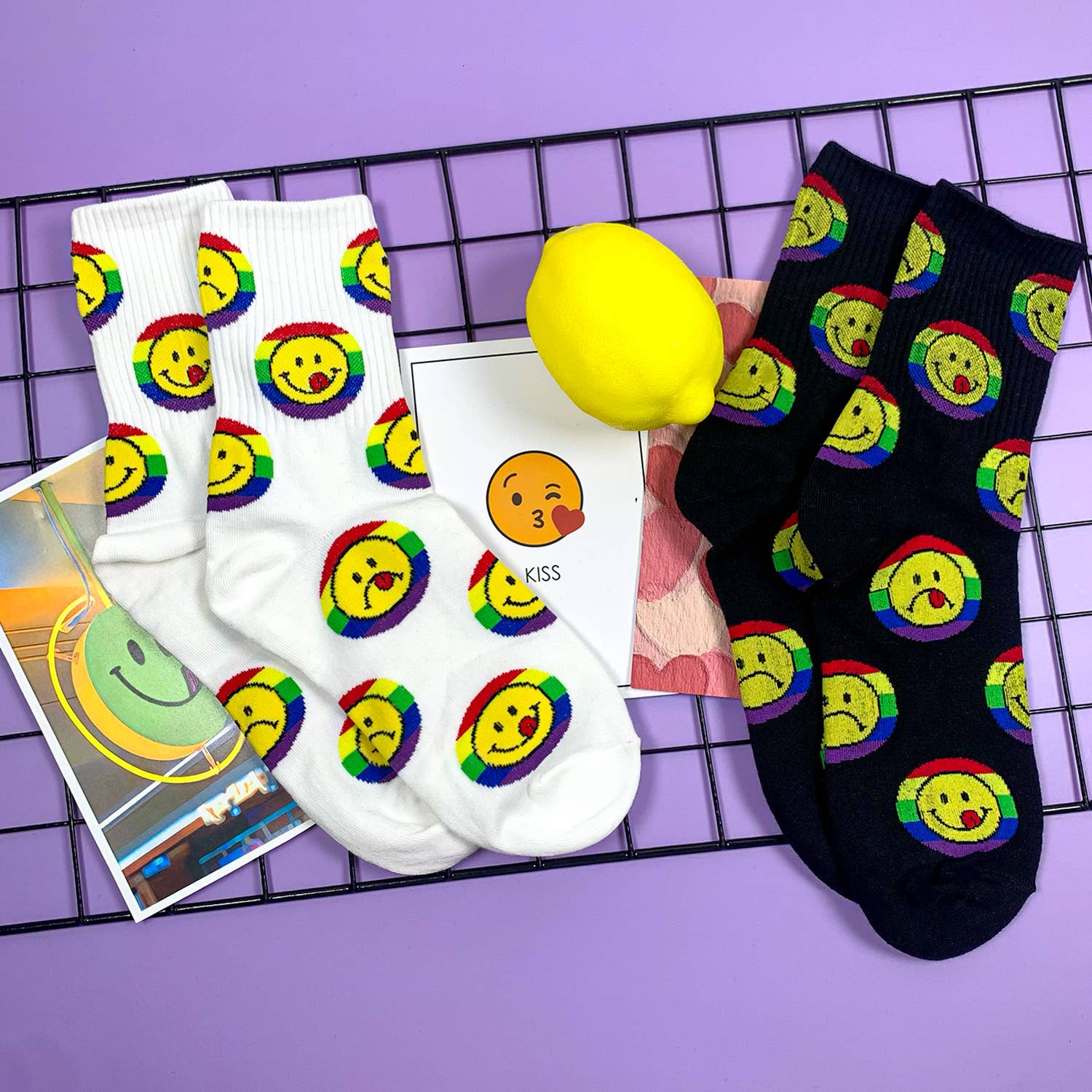 Smile Rainbow Women's Crew Socks in White | 80s Pride LGBTQ [Size 5-10] - Image 6