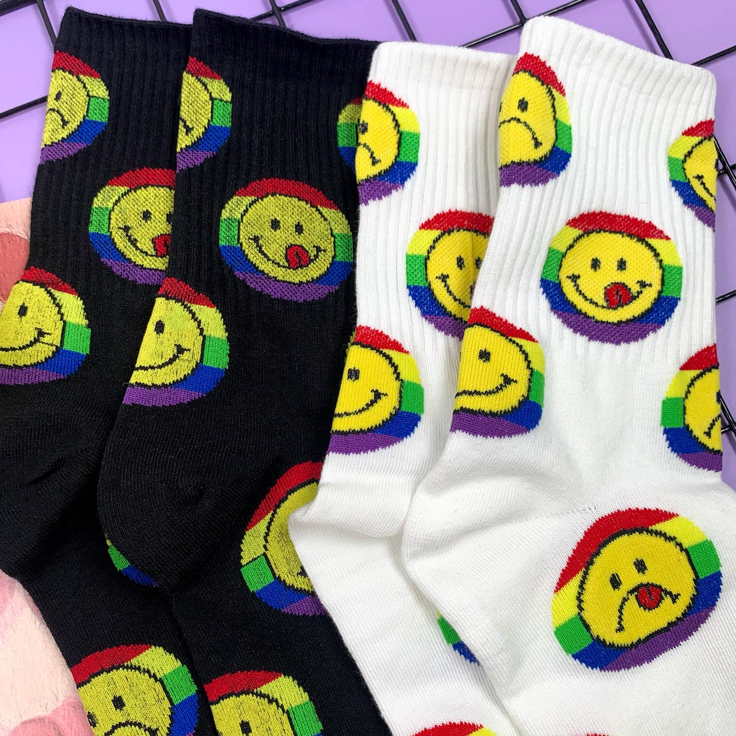 Smile Rainbow Women's Crew Socks in White | 80s Pride LGBTQ [Size 5-10] - Image 7