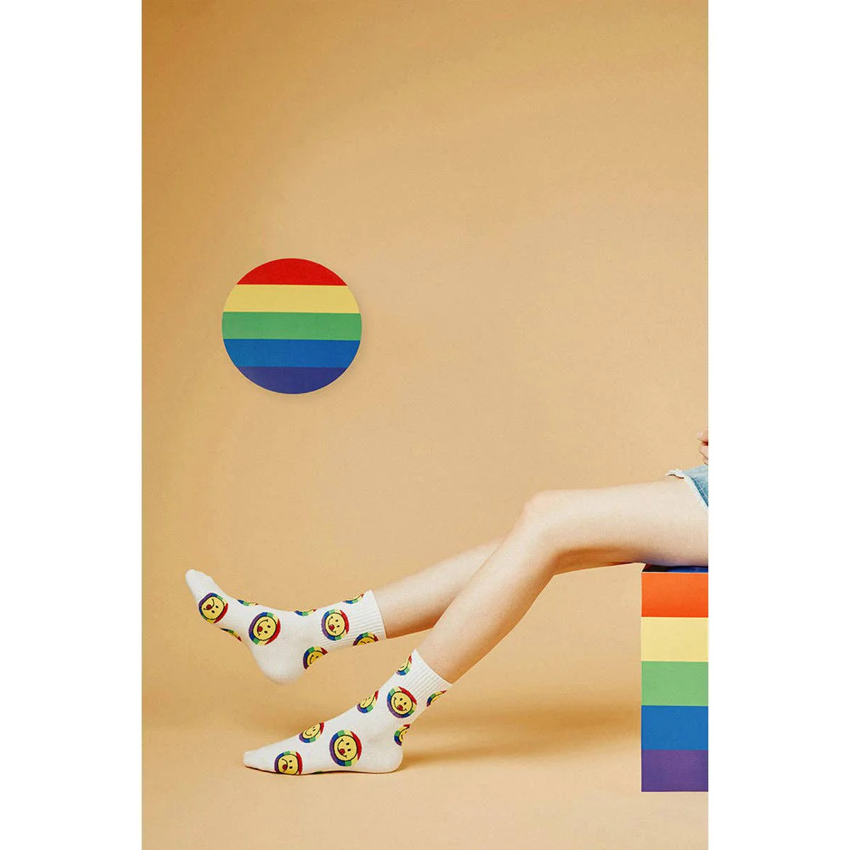 Smile Rainbow Women's Crew Socks in White | 80s Pride LGBTQ [Size 5-10] - Image 8