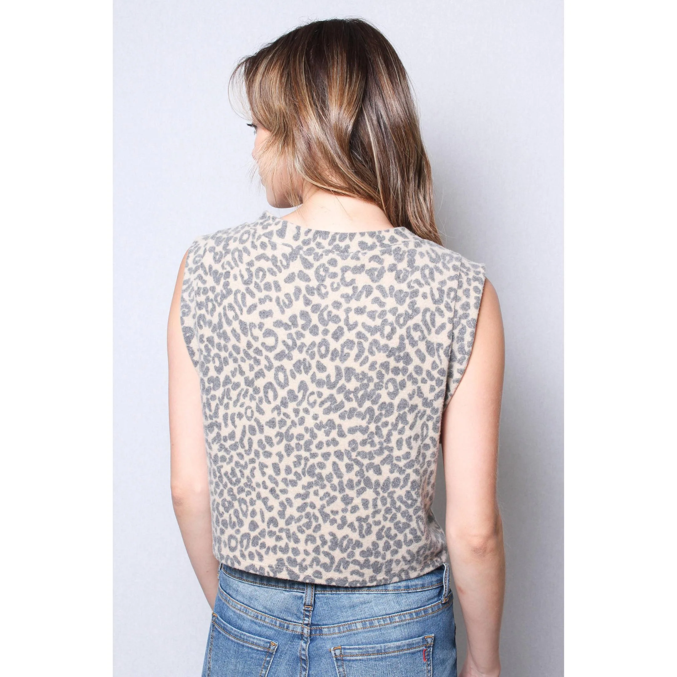 Fuzzy Animal Print Button Front Sweater Vest Cropped Top in Charcoal or Camel [Sizes SM–L] - Image 12